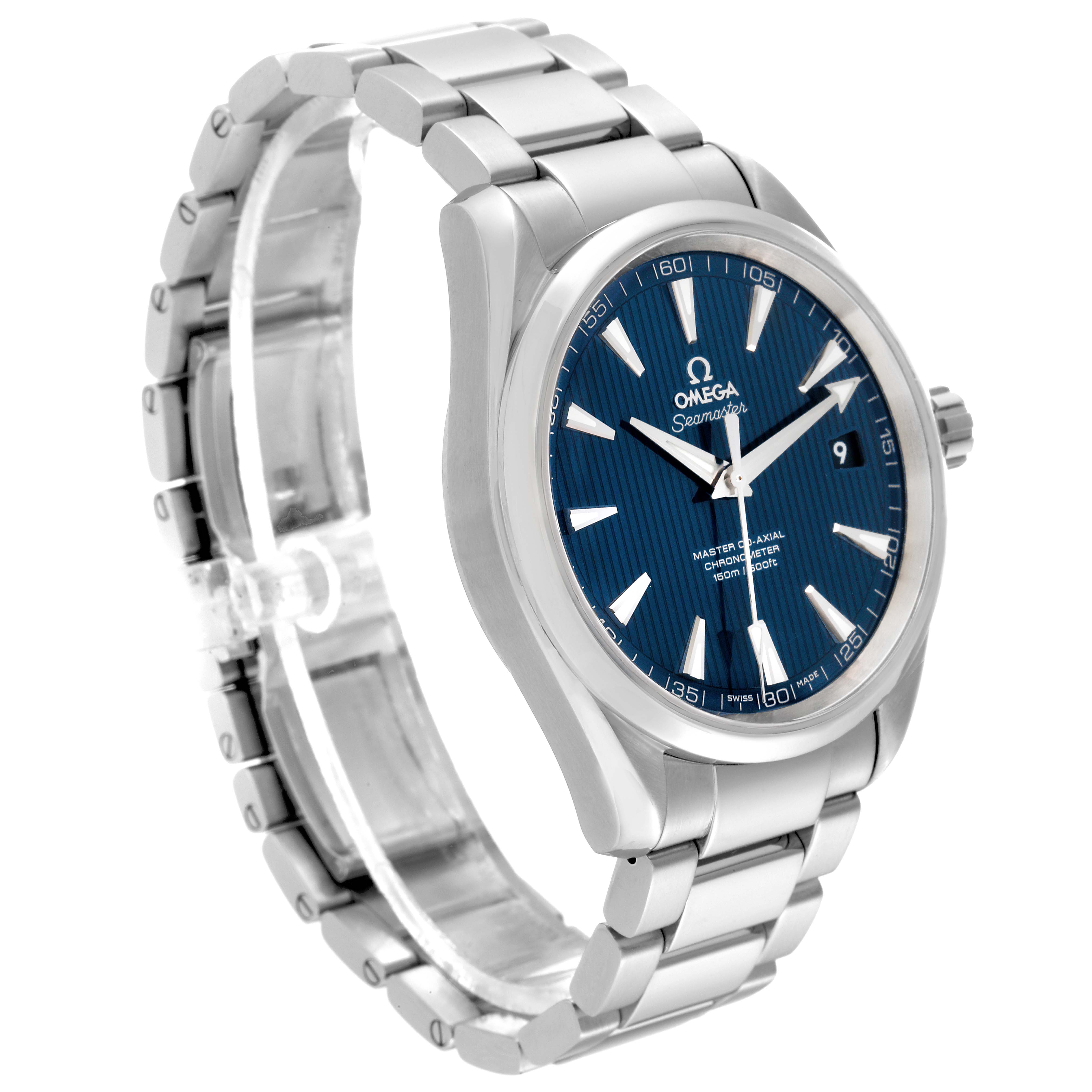 The image shows an Omega Aqua Terra 231.10.42.21.03.001 Men's Stainless Steel Blue Dial 231.10.42.21.03.001 Men's Stainless Steel Blue Dial watch, featuring a side-angle view with its blue dial, stainless steel bracelet, and crown.