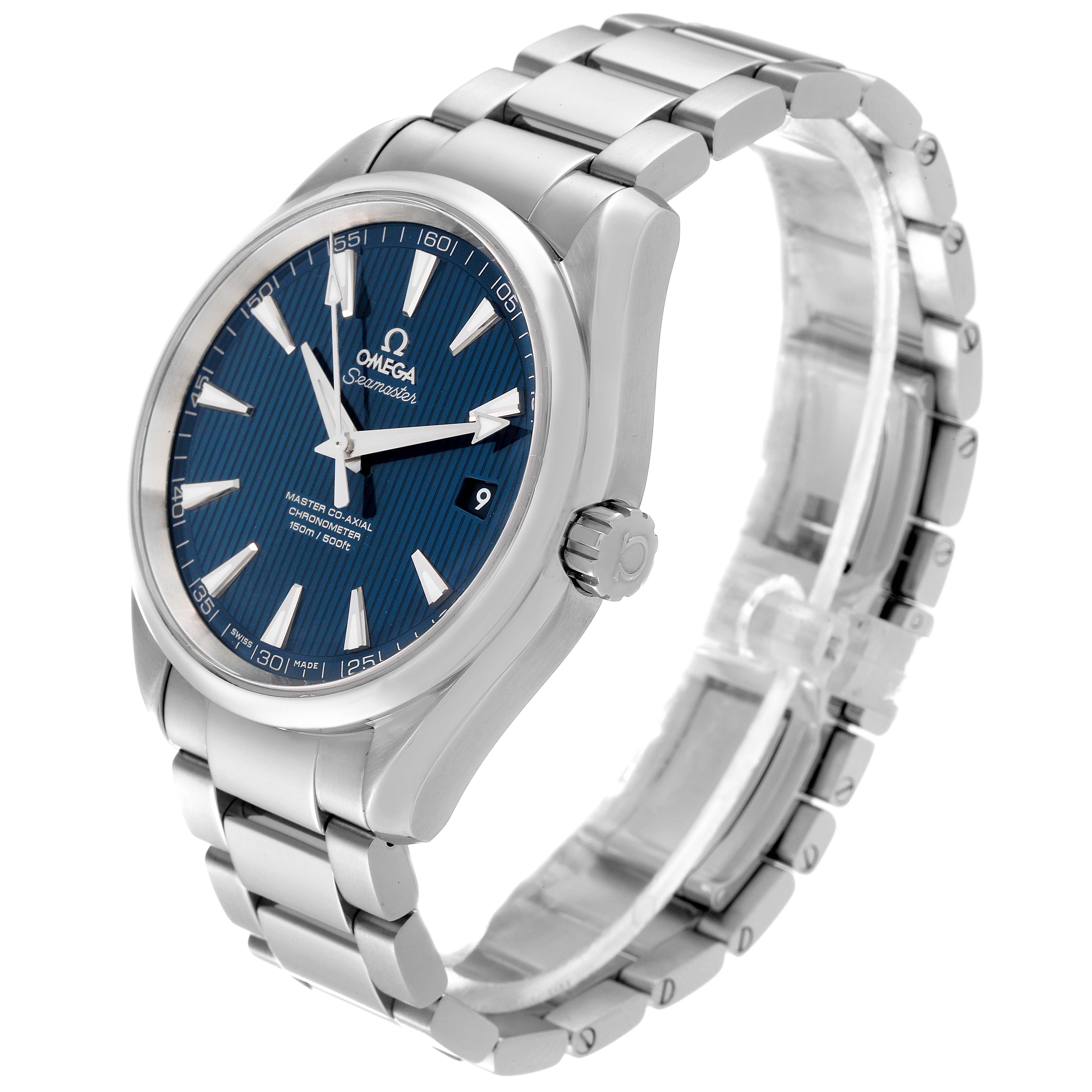The image shows an Omega Aqua Terra 231.10.42.21.03.001 Men's Stainless Steel Blue Dial 231.10.42.21.03.001 Men's Stainless Steel Blue Dial watch at a three-quarters angle, highlighting its blue dial and stainless steel bracelet.