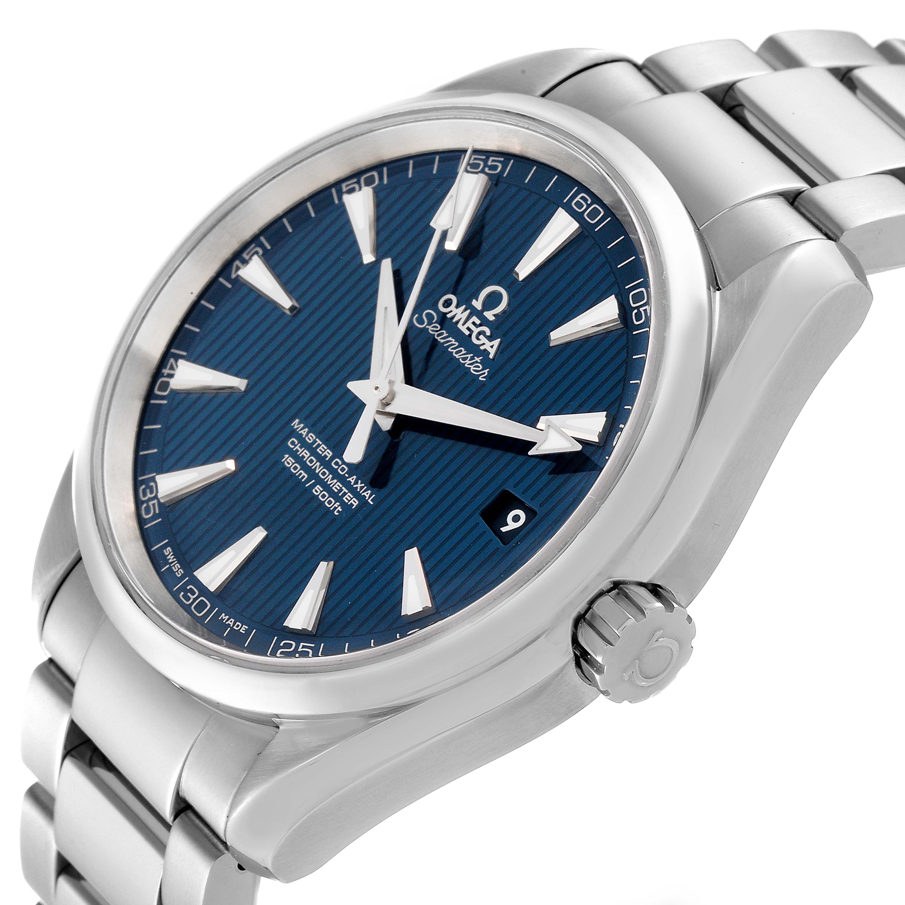 The Omega Aqua Terra 231.10.42.21.03.001 Men's Stainless Steel Blue Dial 231.10.42.21.03.001 Men's Stainless Steel Blue Dial watch is shown at an angled side view, highlighting its blue dial, crown, and metal bracelet.