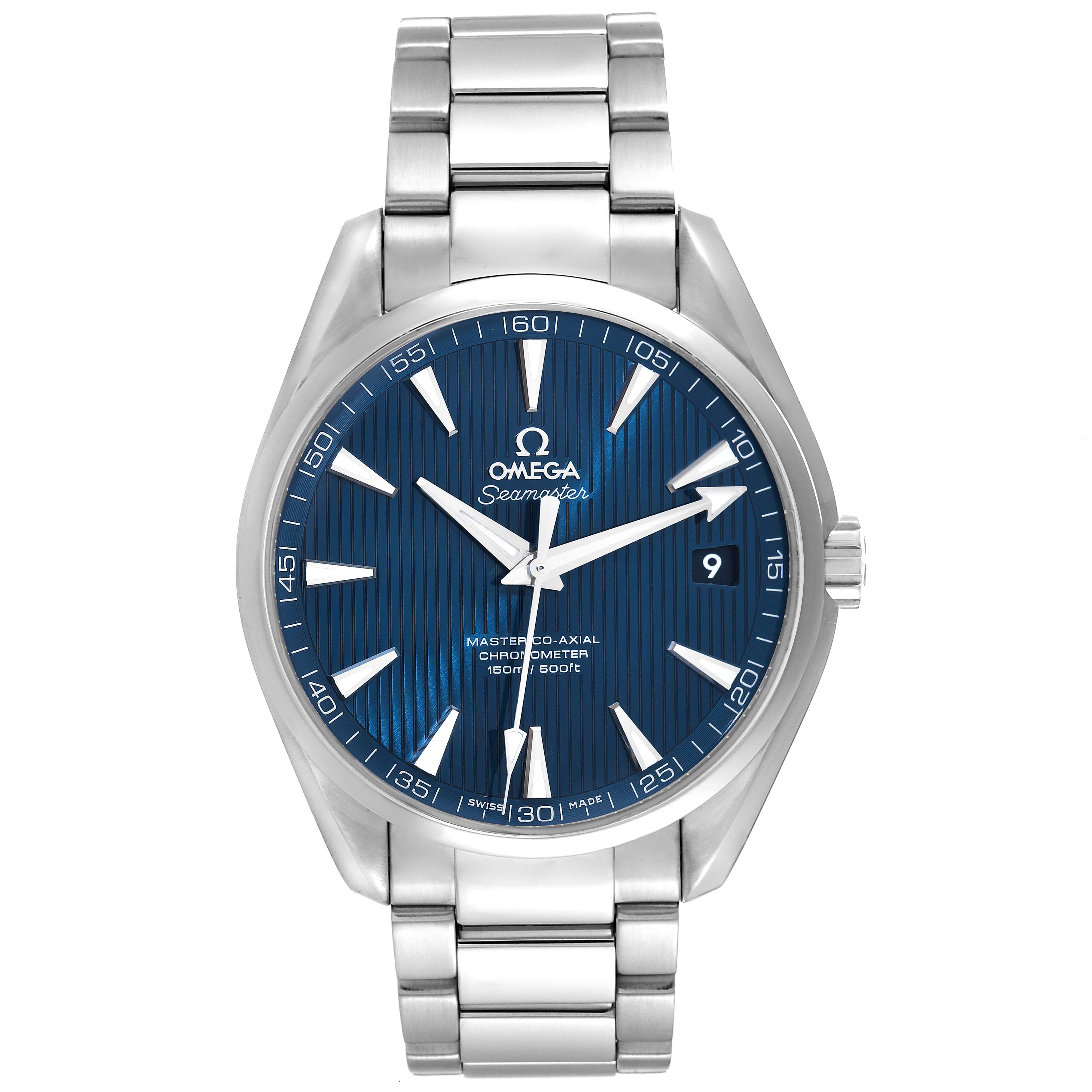 This image shows a frontal view of the Omega Aqua Terra 231.10.42.21.03.001 Men's Stainless Steel Blue Dial 231.10.42.21.03.001 Men's Stainless Steel Blue Dial watch, featuring its blue dial and stainless steel bracelet.