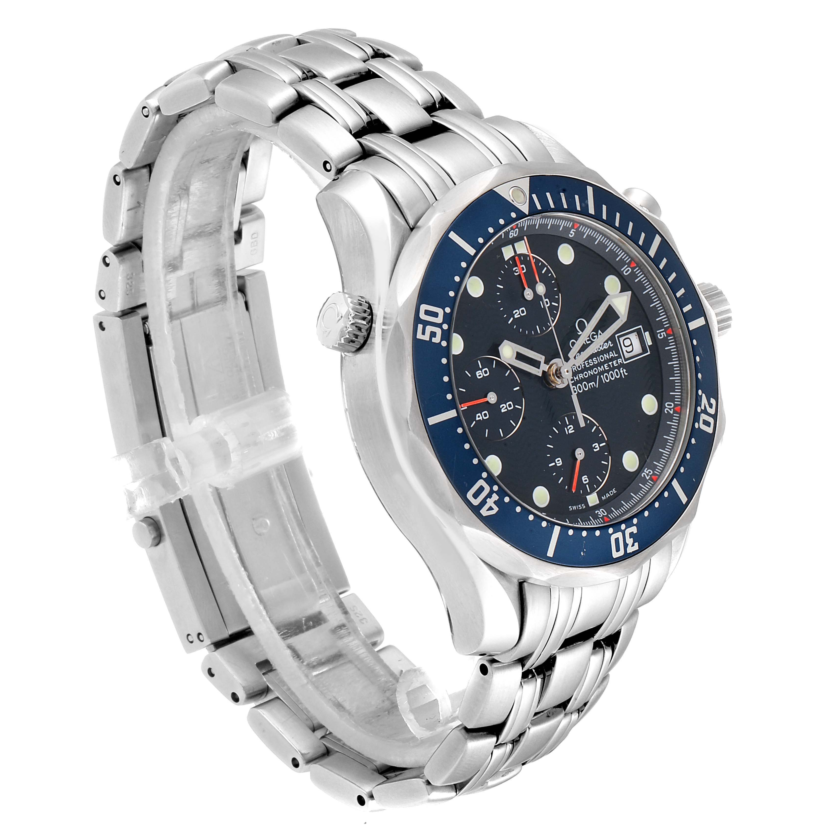 The Omega Seamaster 2599.80.00 Men
s Stainless Steel Blue Dial 2599.80.00 Men
s Stainless Steel Blue Dial watch is shown at an angle from the side, highlighting the bezel, face, and bracelet.