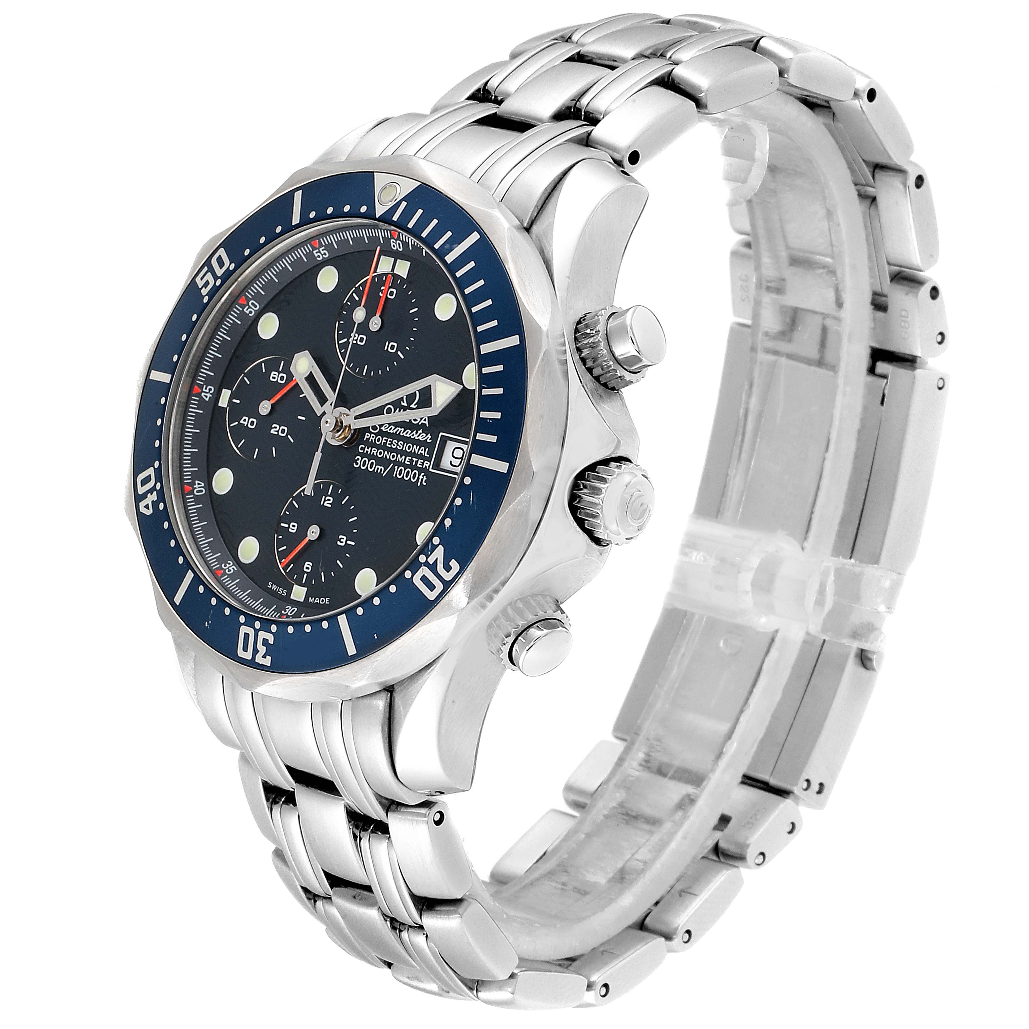 This Omega Seamaster 2599.80.00 Men
s Stainless Steel Blue Dial 2599.80.00 Men
s Stainless Steel Blue Dial watch is shown at an angle displaying its face, side buttons, and stainless steel bracelet.