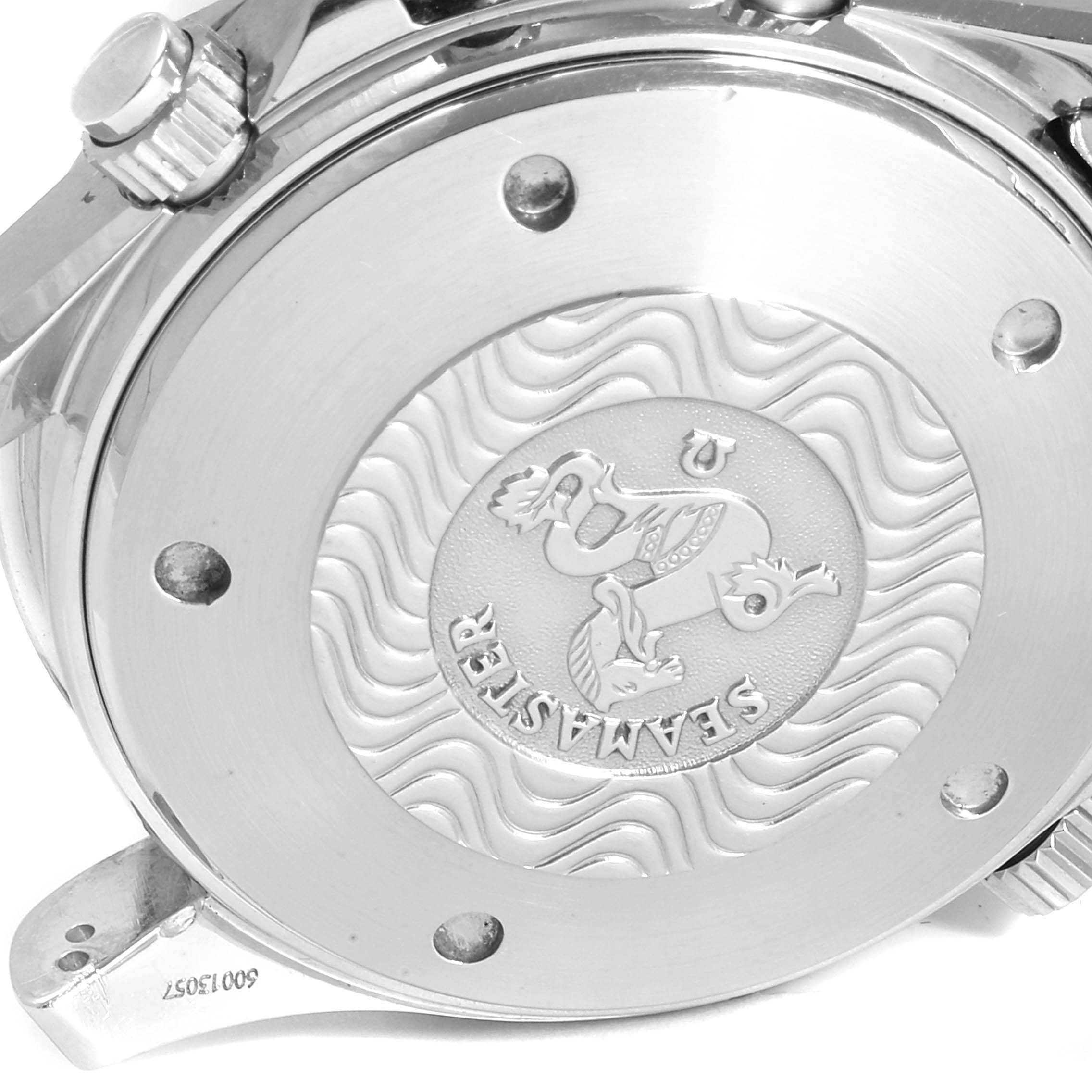 This image shows the case back of an Omega Seamaster 2599.80.00 Men
s Stainless Steel Blue Dial 2599.80.00 Men
s Stainless Steel Blue Dial watch with its detailed engraving.