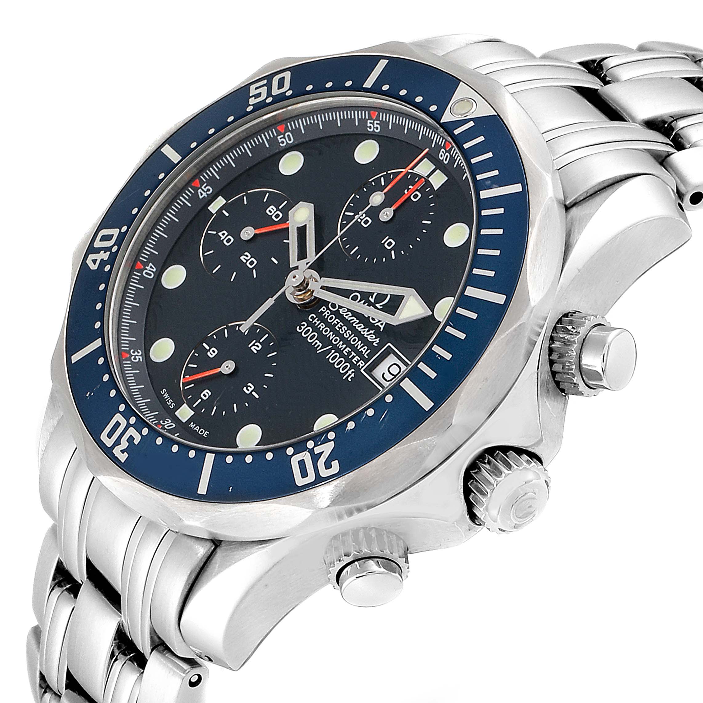 The Omega Seamaster 2599.80.00 Men
s Stainless Steel Blue Dial 2599.80.00 Men
s Stainless Steel Blue Dial watch is depicted at a slight angle, showing the face, bezel, chronograph dials, and part of the bracelet.