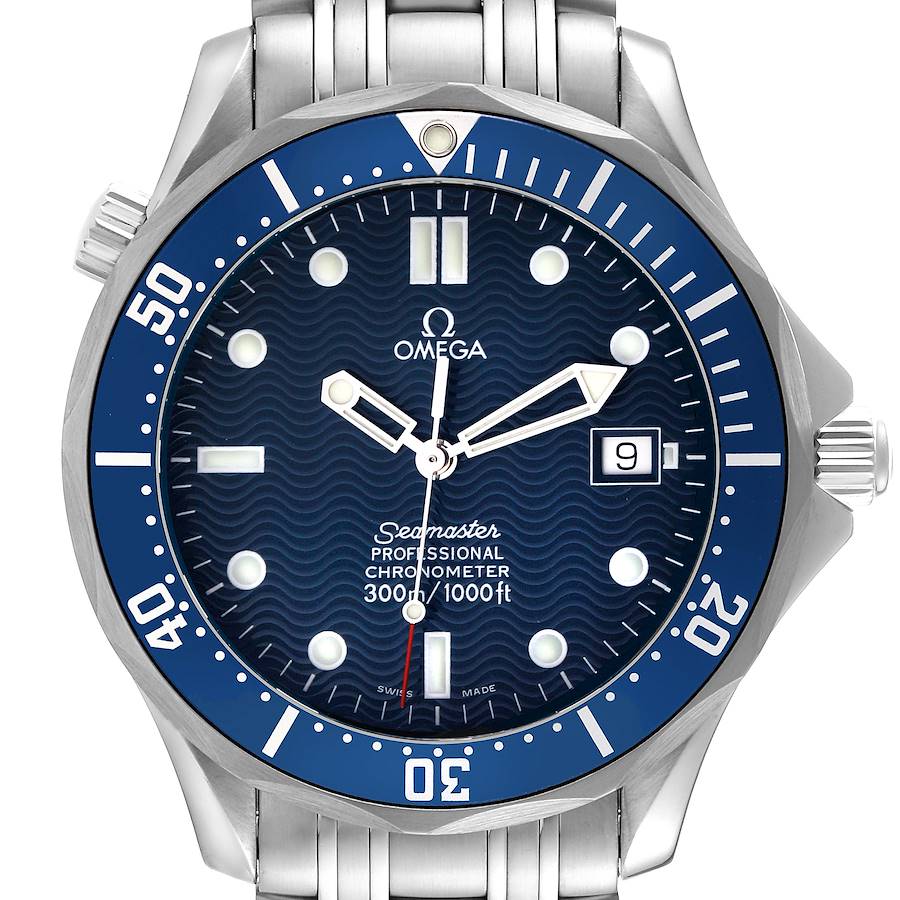 This image shows a front view of the Omega Seamaster watch, highlighting its blue face, bezel, and stainless steel bracelet.