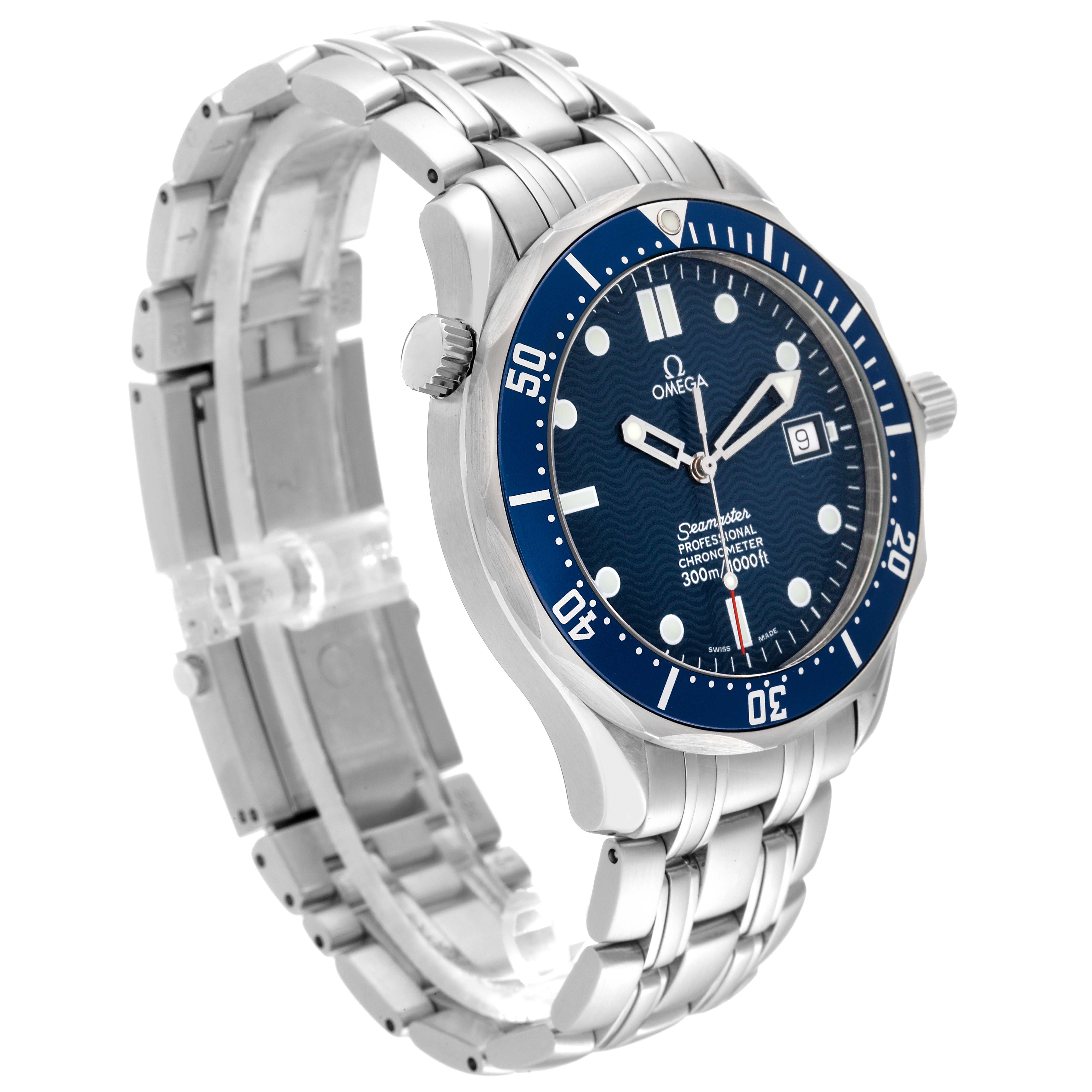 The Omega Seamaster 2531.80.00 Men's Stainless Steel Blue Dial 2531.80.00 Men's Stainless Steel Blue Dial watch is shown at a three-quarter view, displaying the bracelet, bezel, crown, and face with the date window.