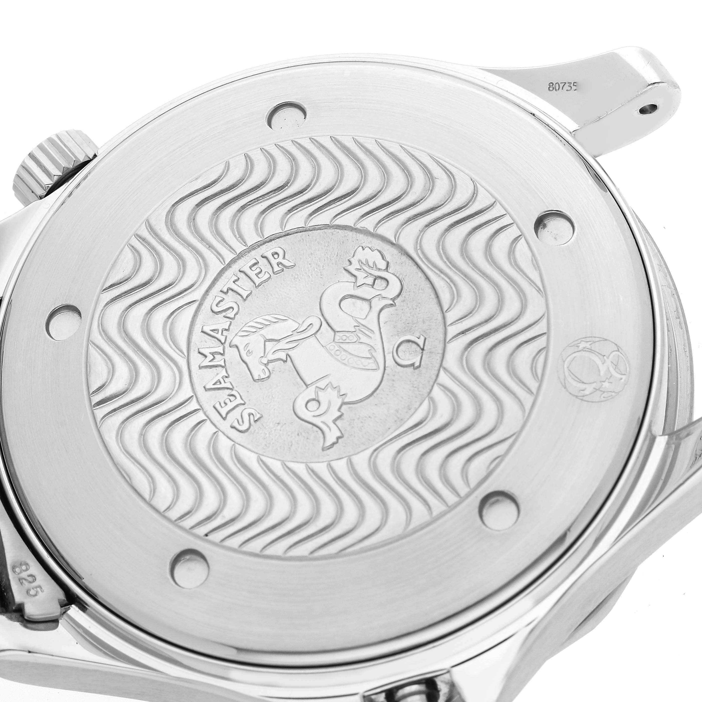 This image shows the back case of an Omega Seamaster 2531.80.00 Men's Stainless Steel Blue Dial 2531.80.00 Men's Stainless Steel Blue Dial watch with its distinctive engraving and wave pattern.