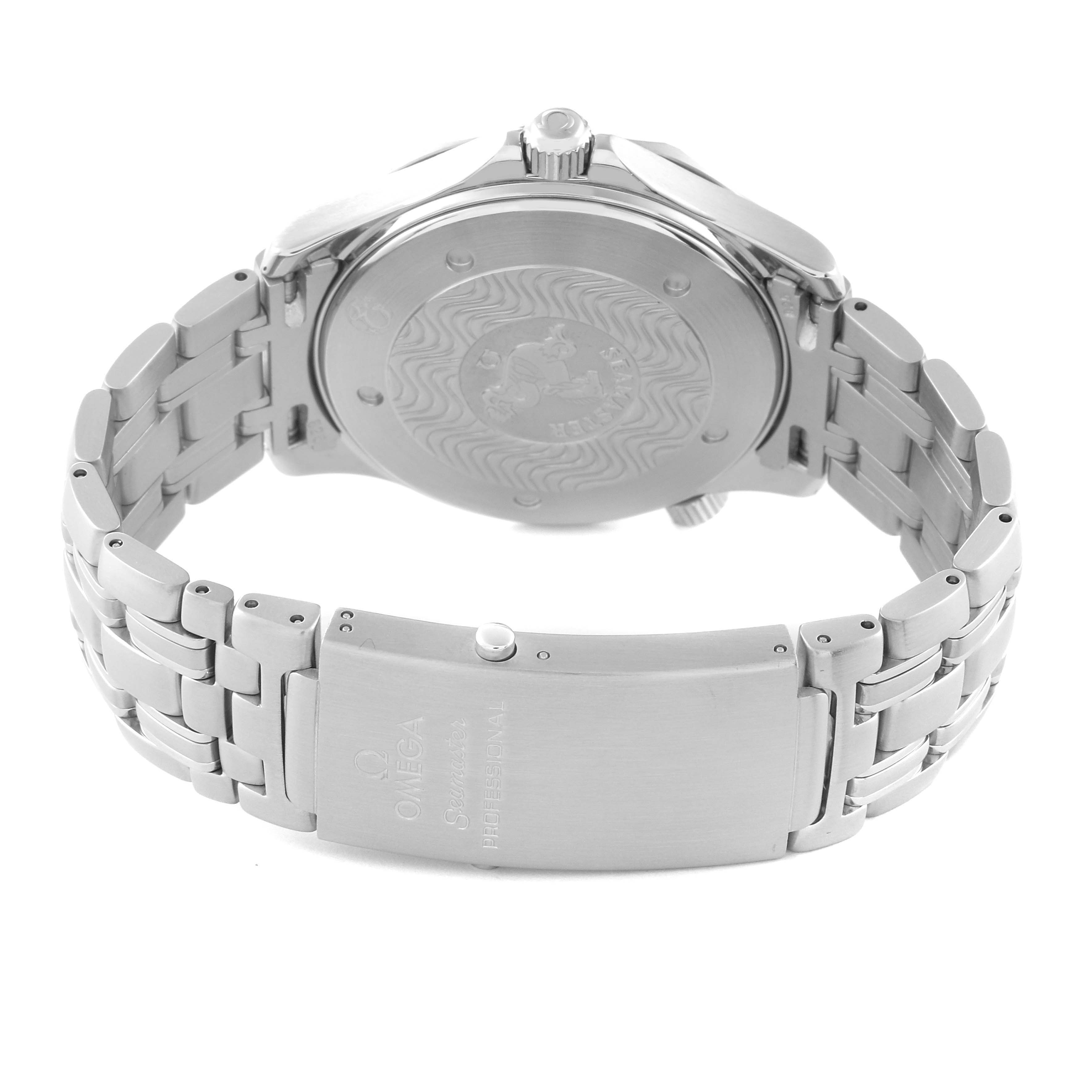 The image shows the backside and bracelet of an Omega Seamaster 2531.80.00 Men's Stainless Steel Blue Dial 2531.80.00 Men's Stainless Steel Blue Dial watch, highlighting the clasp and case back design.