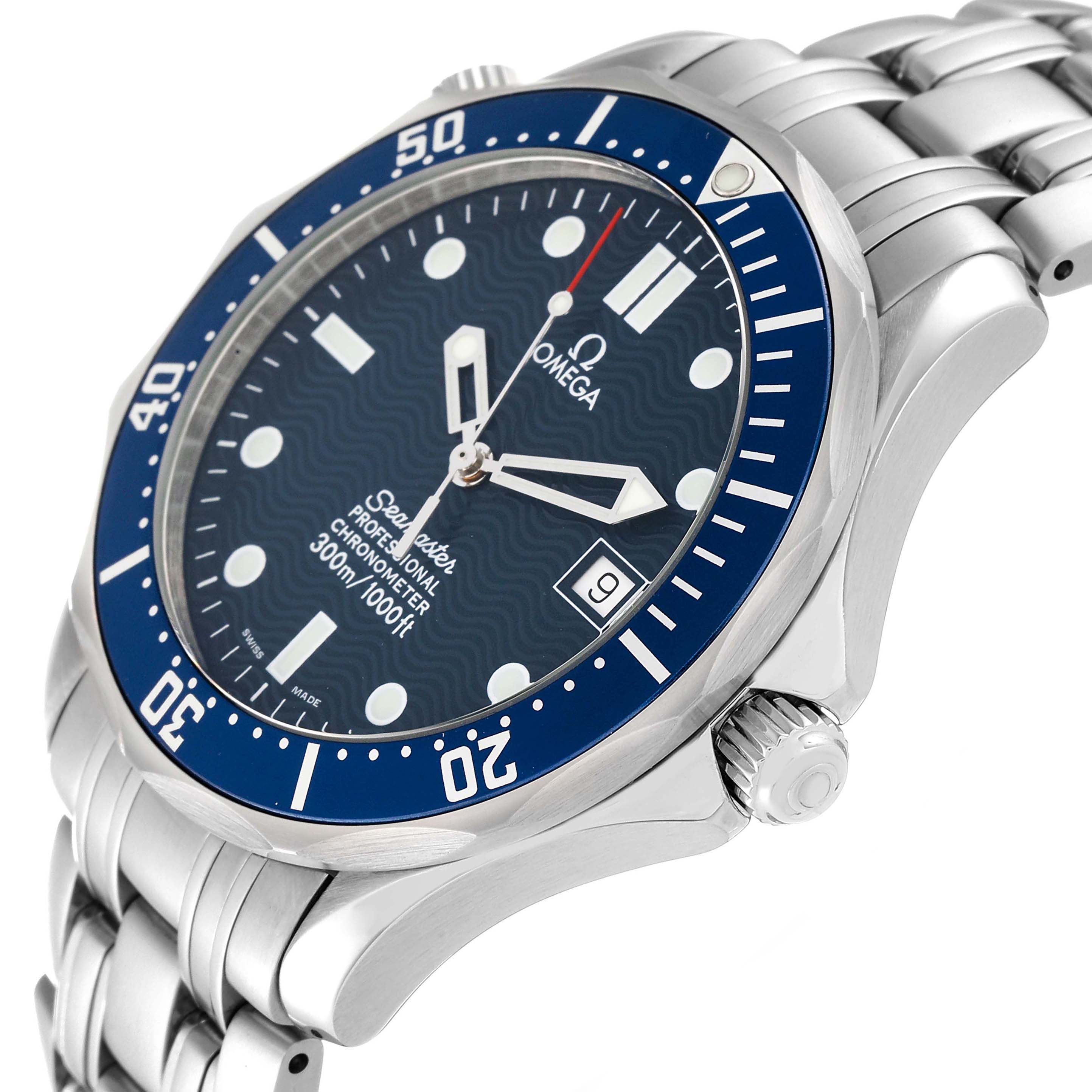 The image shows an angled close-up of the Omega Seamaster 2531.80.00 Men's Stainless Steel Blue Dial 2531.80.00 Men's Stainless Steel Blue Dial watch's face, bezel, crown, and part of the bracelet.