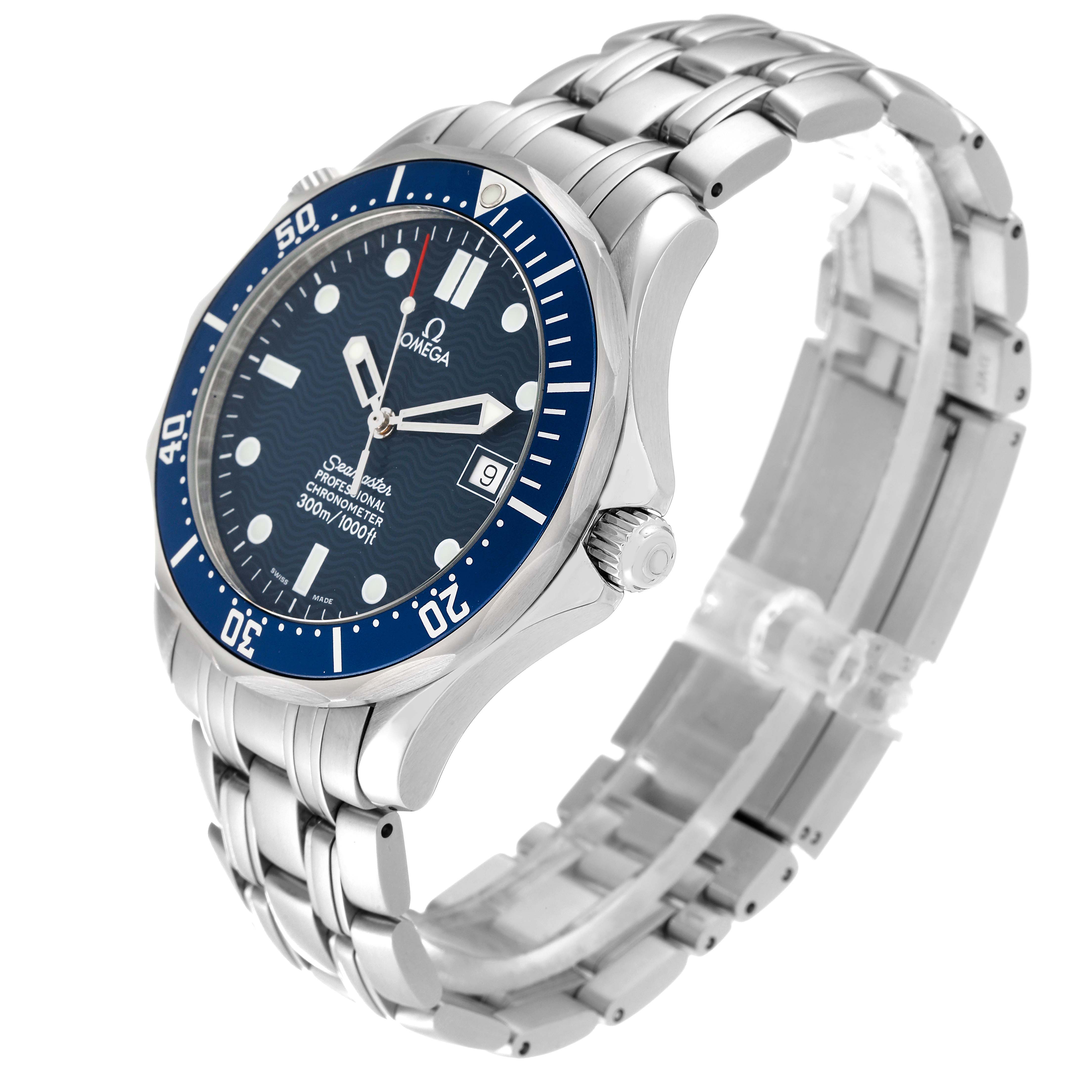 This image shows an Omega Seamaster 2531.80.00 Men's Stainless Steel Blue Dial 2531.80.00 Men's Stainless Steel Blue Dial watch from a three-quarter angle, highlighting the face, bezel, and metal bracelet.