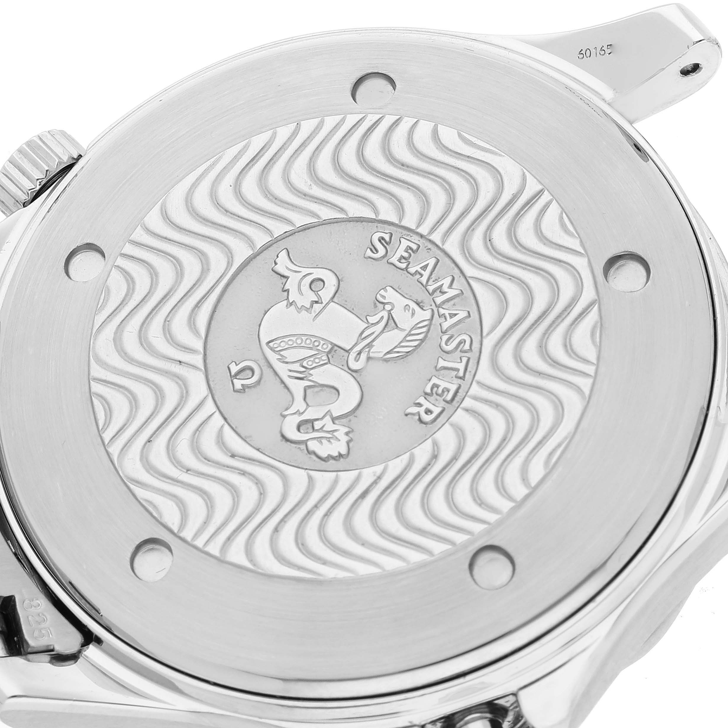 This image shows the detailed back case of the Omega Seamaster 2532.80.00 Men's Stainless Steel Blue Dial 2532.80.00 Men's Stainless Steel Blue Dial watch, highlighting the Seamaster logo and engravings.