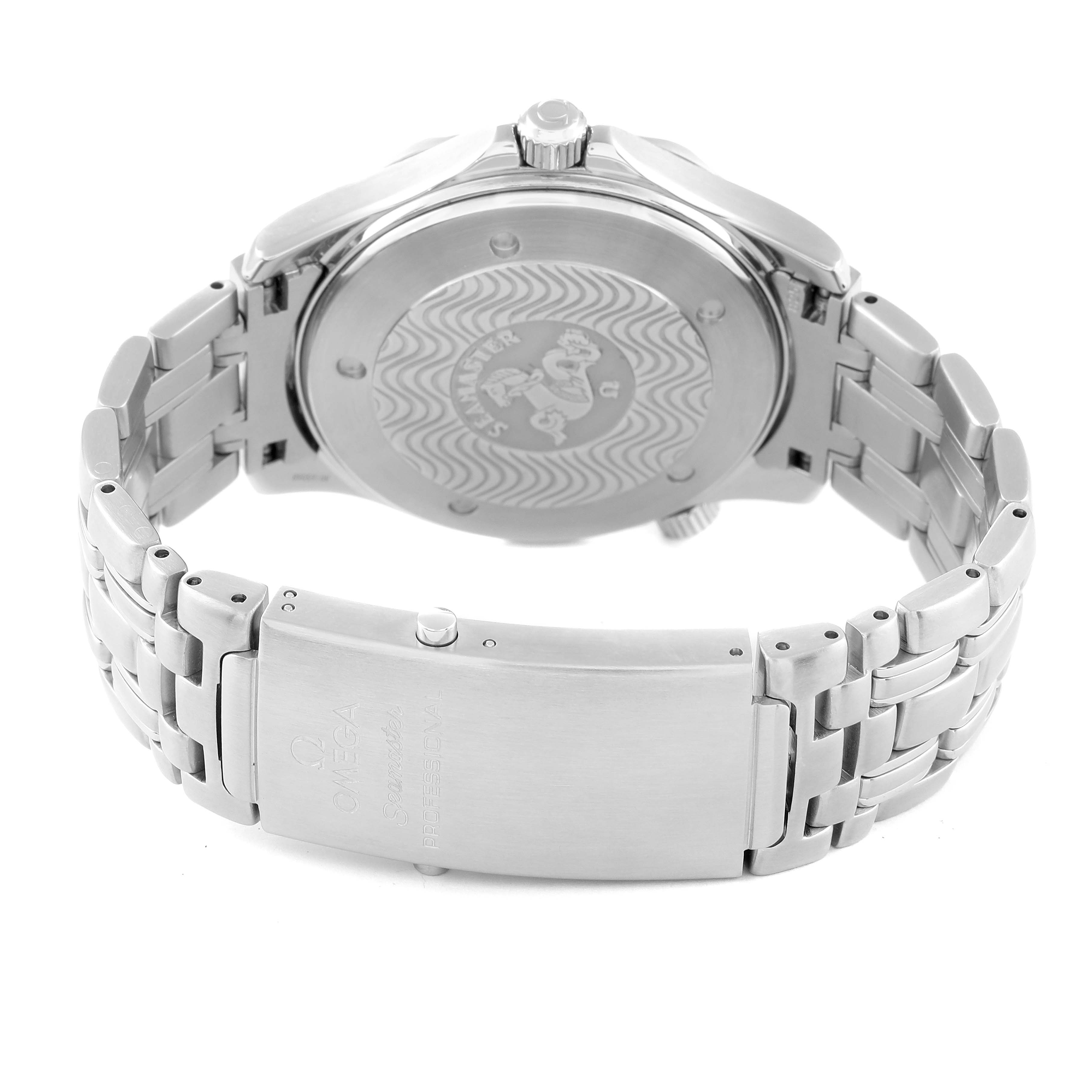 The image shows the back of an Omega Seamaster 2532.80.00 Men's Stainless Steel Blue Dial 2532.80.00 Men's Stainless Steel Blue Dial watch, highlighting its clasp and case back.