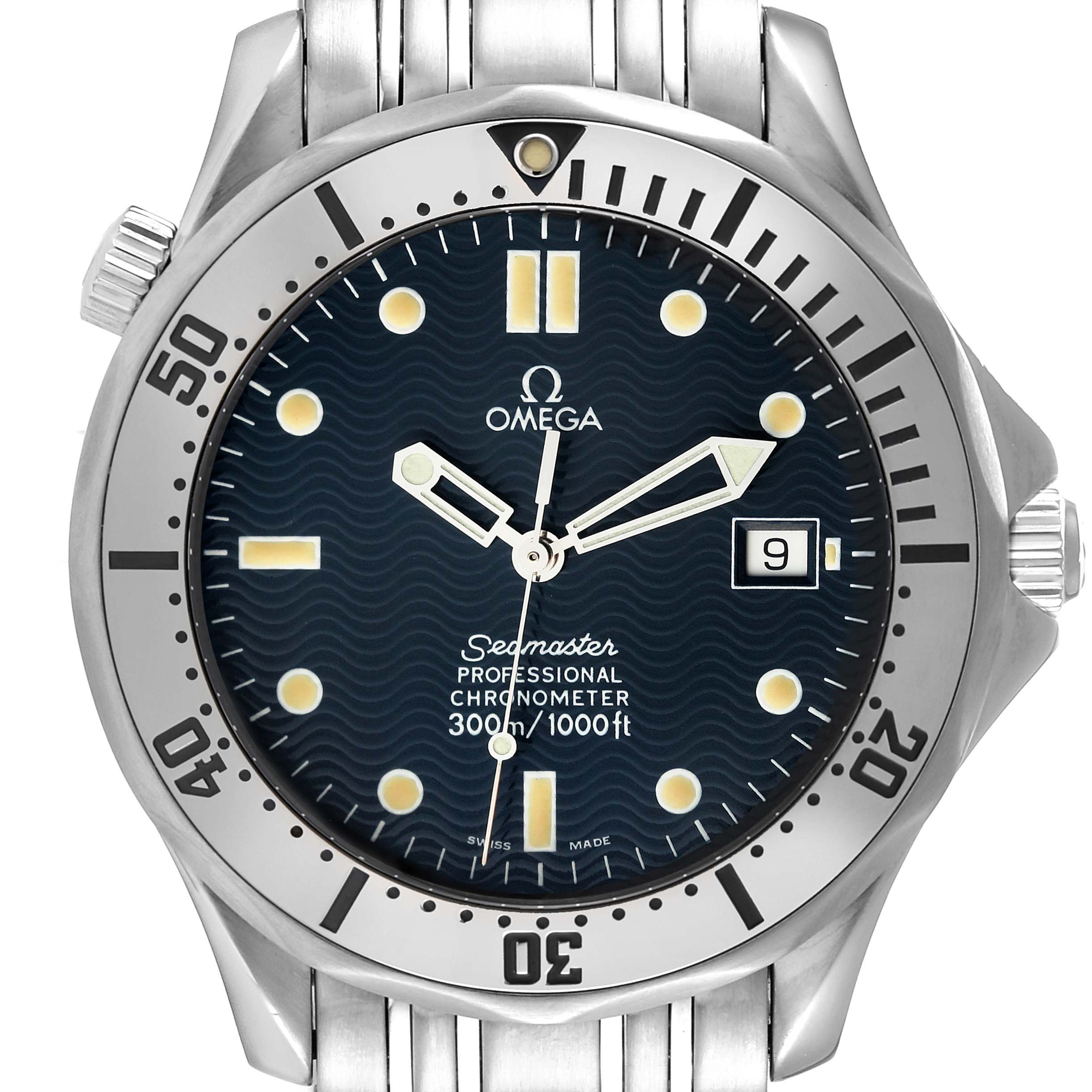 The image shows a front view of an Omega Seamaster 2532.80.00 Men's Stainless Steel Blue Dial 2532.80.00 Men's Stainless Steel Blue Dial watch, highlighting its dial, bezel, and part of the bracelet.