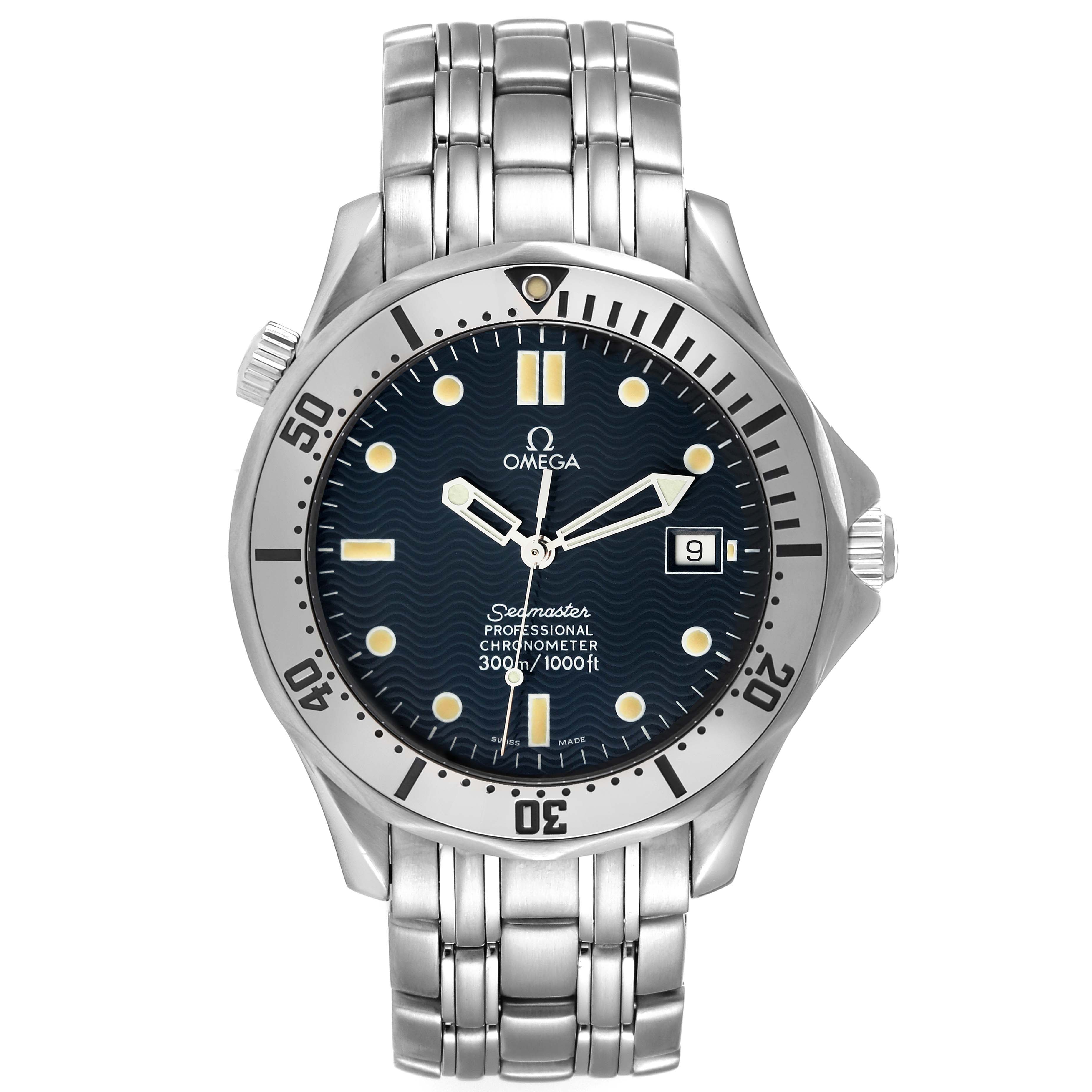 The image shows a front view of the Omega Seamaster 2532.80.00 Men's Stainless Steel Blue Dial 2532.80.00 Men's Stainless Steel Blue Dial watch, highlighting its dial, bezel, bracelet, and crown.
