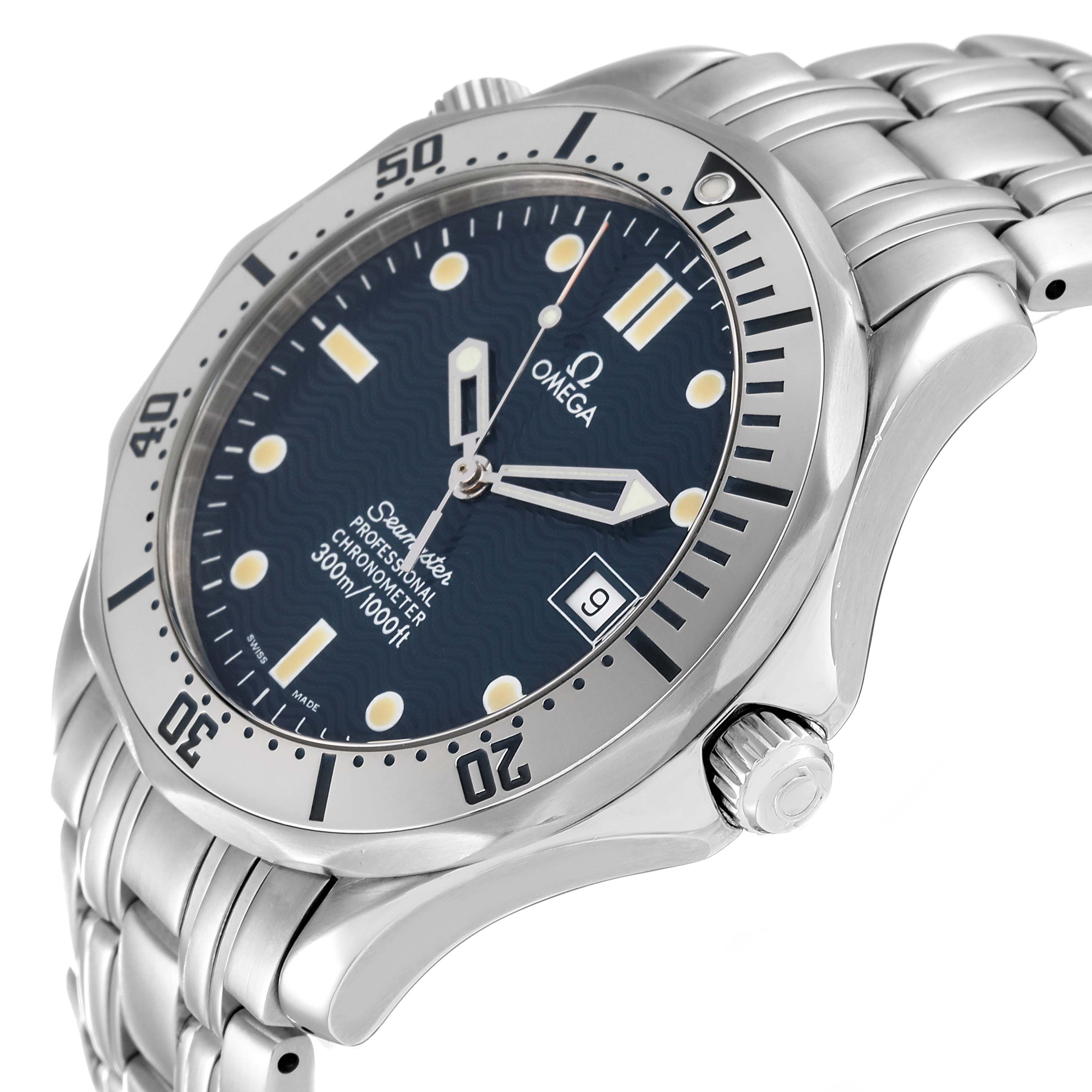The Omega Seamaster 2532.80.00 Men's Stainless Steel Blue Dial 2532.80.00 Men's Stainless Steel Blue Dial watch is shown from a side angle, highlighting the dial, bezel, crown, and part of the bracelet.