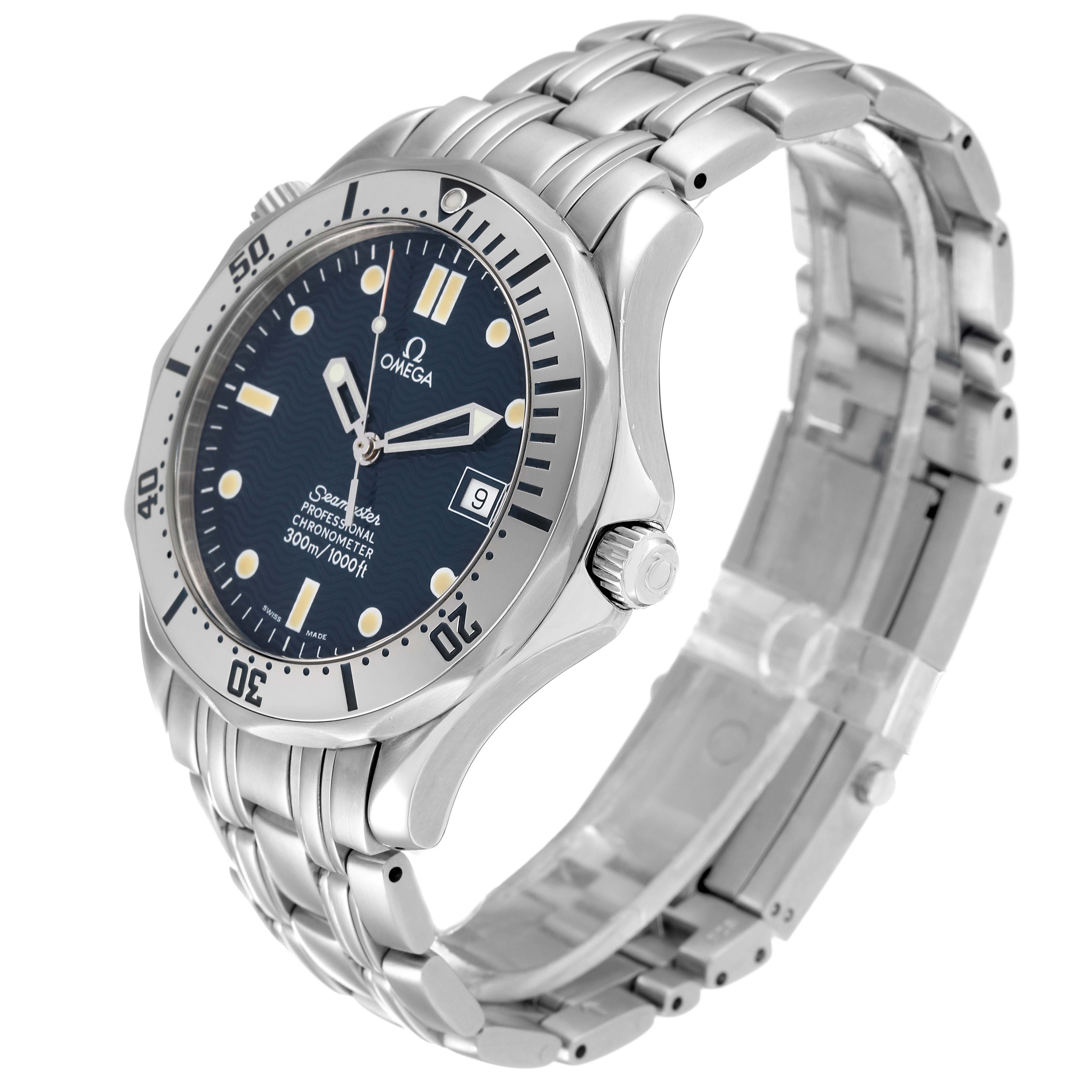 The image shows an Omega Seamaster 2532.80.00 Men's Stainless Steel Blue Dial 2532.80.00 Men's Stainless Steel Blue Dial watch at a three-quarter angle, highlighting the face, bezel, crown, and bracelet.