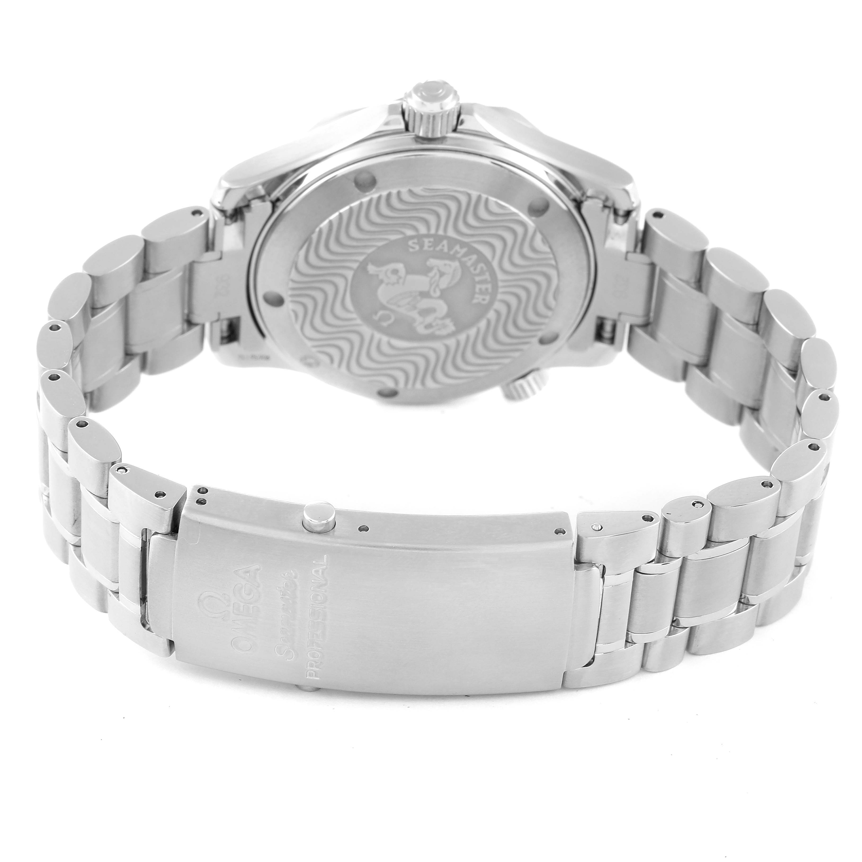 The image shows the back and bracelet of the Omega Seamaster 2262.50.00 Men's Stainless Steel Black Dial 2262.50.00 Men's Stainless Steel Black Dial watch, highlighting the case back and clasp.