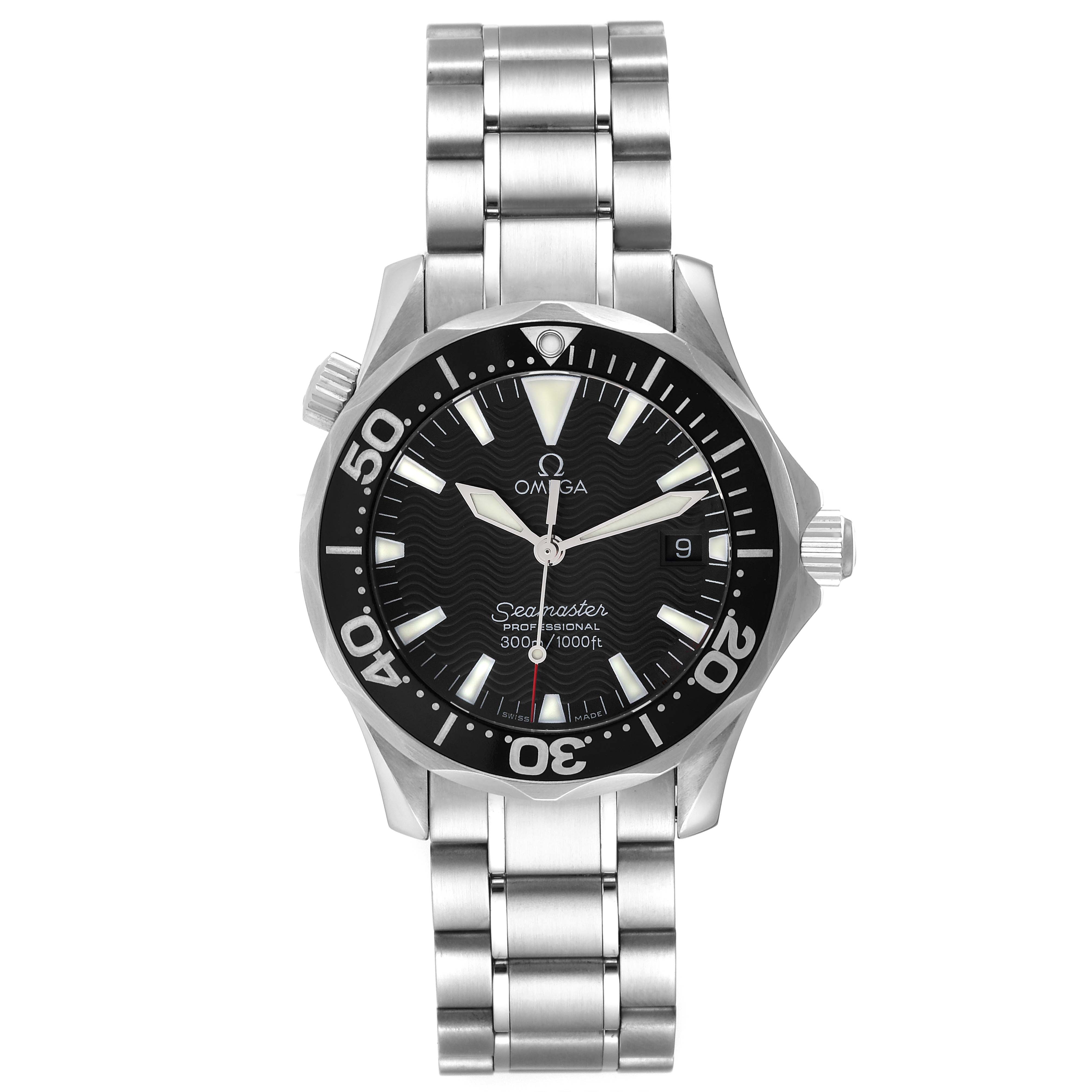 The Omega Seamaster 2262.50.00 Men's Stainless Steel Black Dial 2262.50.00 Men's Stainless Steel Black Dial watch is shown from the front, displaying the face, bezel, and stainless steel bracelet.