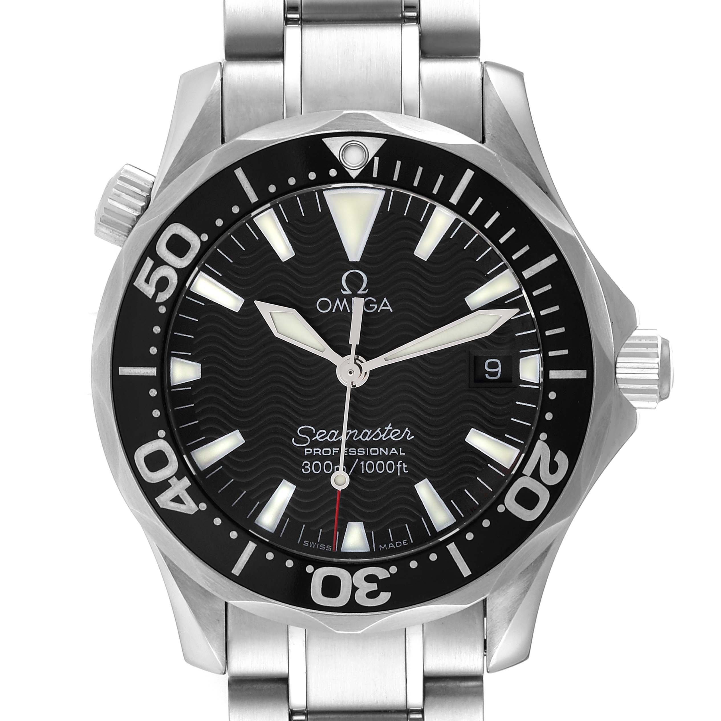 The image shows a front view of the Omega Seamaster 2262.50.00 Men's Stainless Steel Black Dial 2262.50.00 Men's Stainless Steel Black Dial watch, highlighting the dial, bezel, crown, and bracelet.
