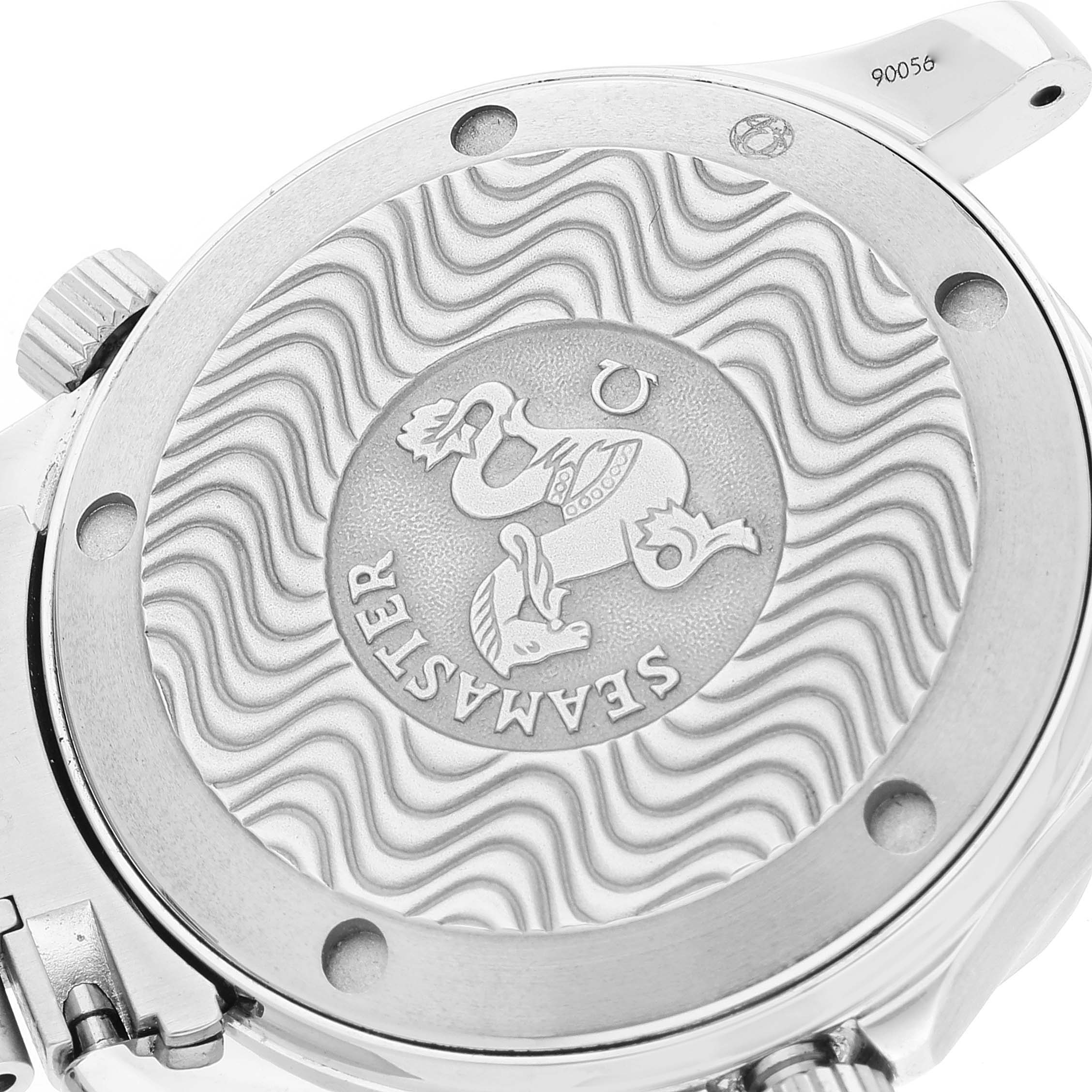 This image shows the back case of an Omega Seamaster 2262.50.00 Men's Stainless Steel Black Dial 2262.50.00 Men's Stainless Steel Black Dial watch, featuring the engraved logo and wave pattern.