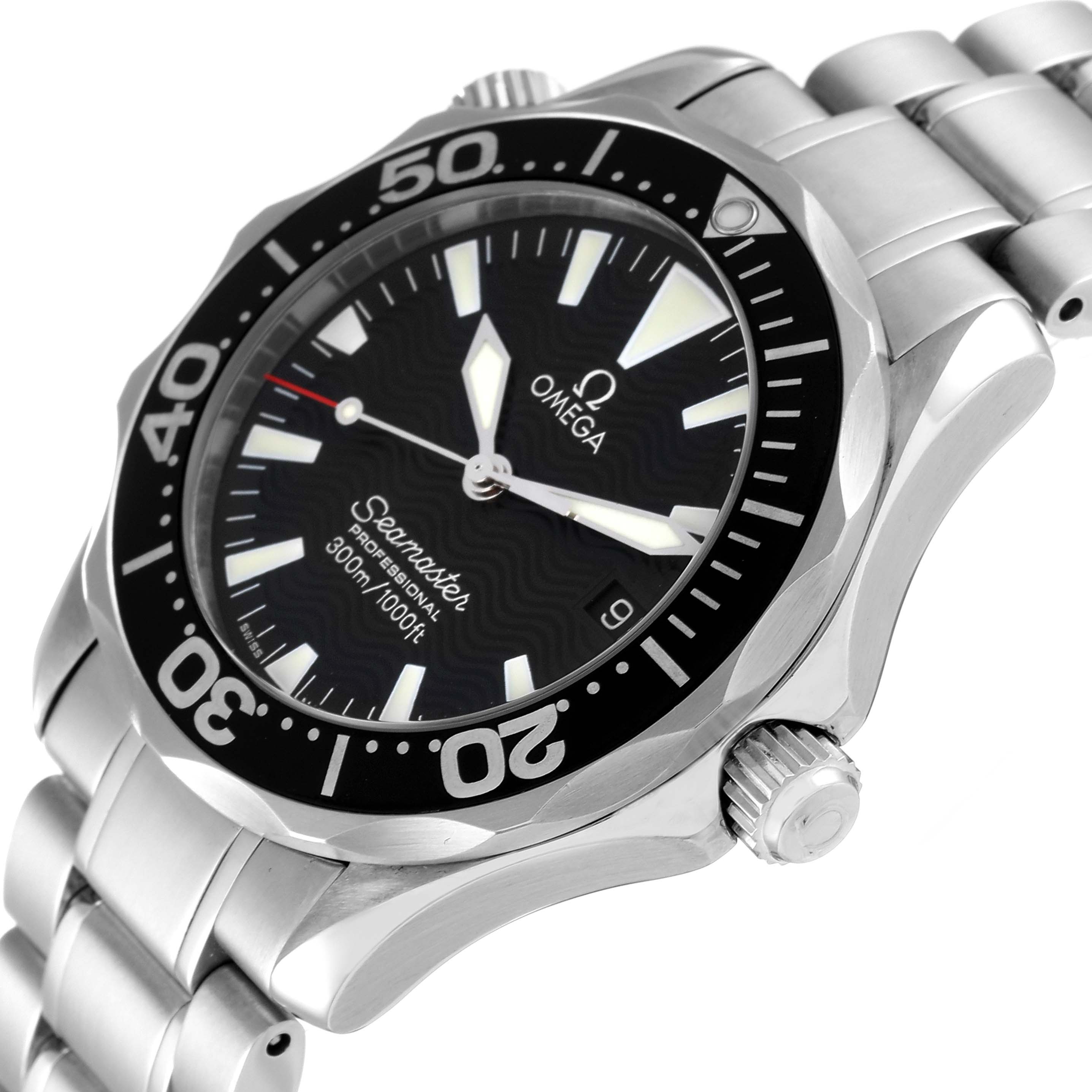 This image shows an angled close-up of an Omega Seamaster 2262.50.00 Men's Stainless Steel Black Dial 2262.50.00 Men's Stainless Steel Black Dial watch, highlighting the bezel, dial, and bracelet.