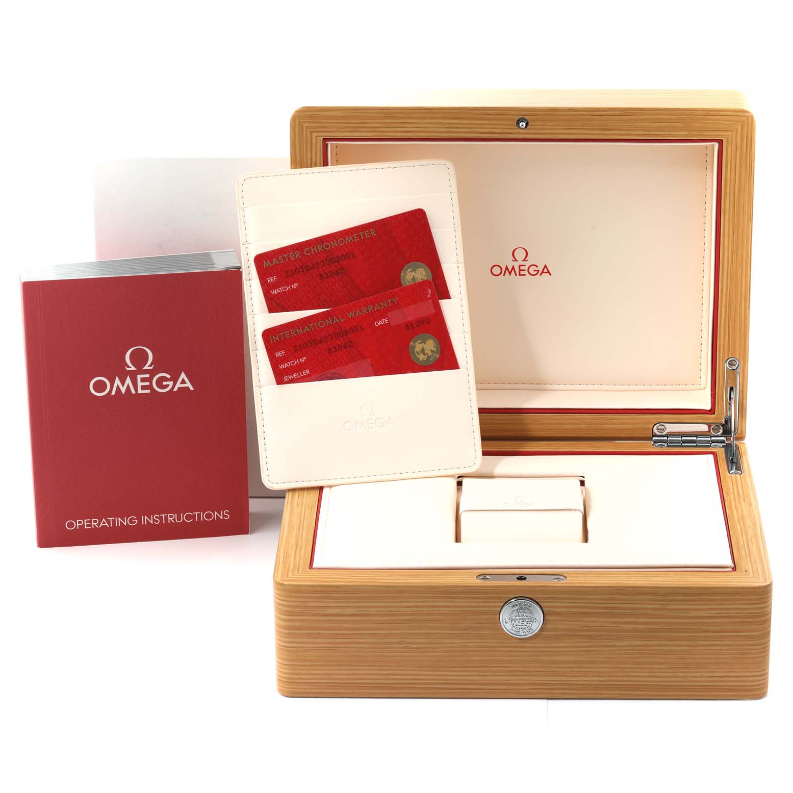 The image shows the packaging and accessories including the box, warranty cards, and operating manual for the Omega Seamaster 210.30.42.20.03.001 Men
s Stainless Steel Blue Dial 210.30.42.20.03.001 Men
s Stainless Steel Blue Dial watch.