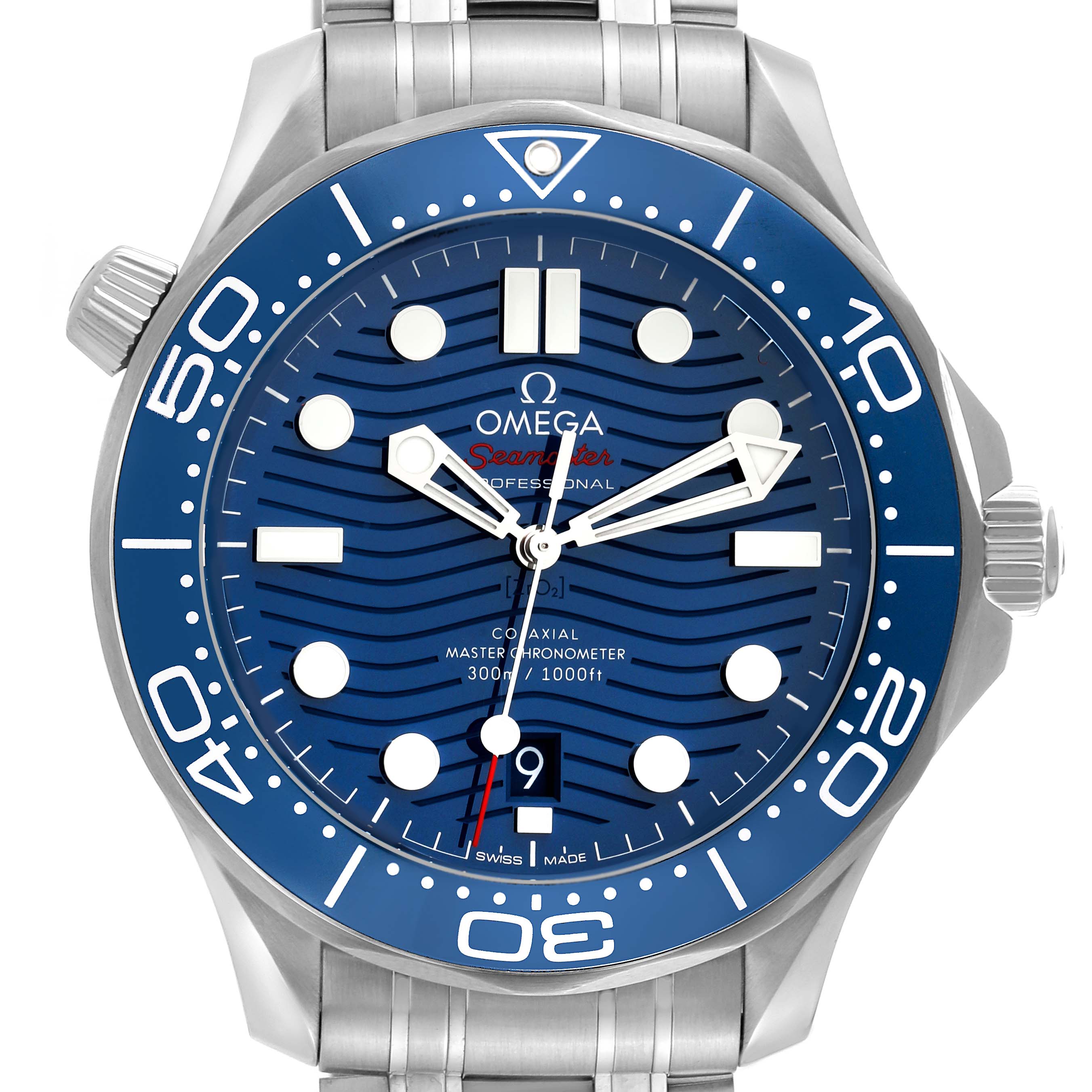 This is a front view of an Omega Seamaster 210.30.42.20.03.001 Men
s Stainless Steel Blue Dial 210.30.42.20.03.001 Men
s Stainless Steel Blue Dial watch, showing the dial, bezel, crown, hands, and bracelet.