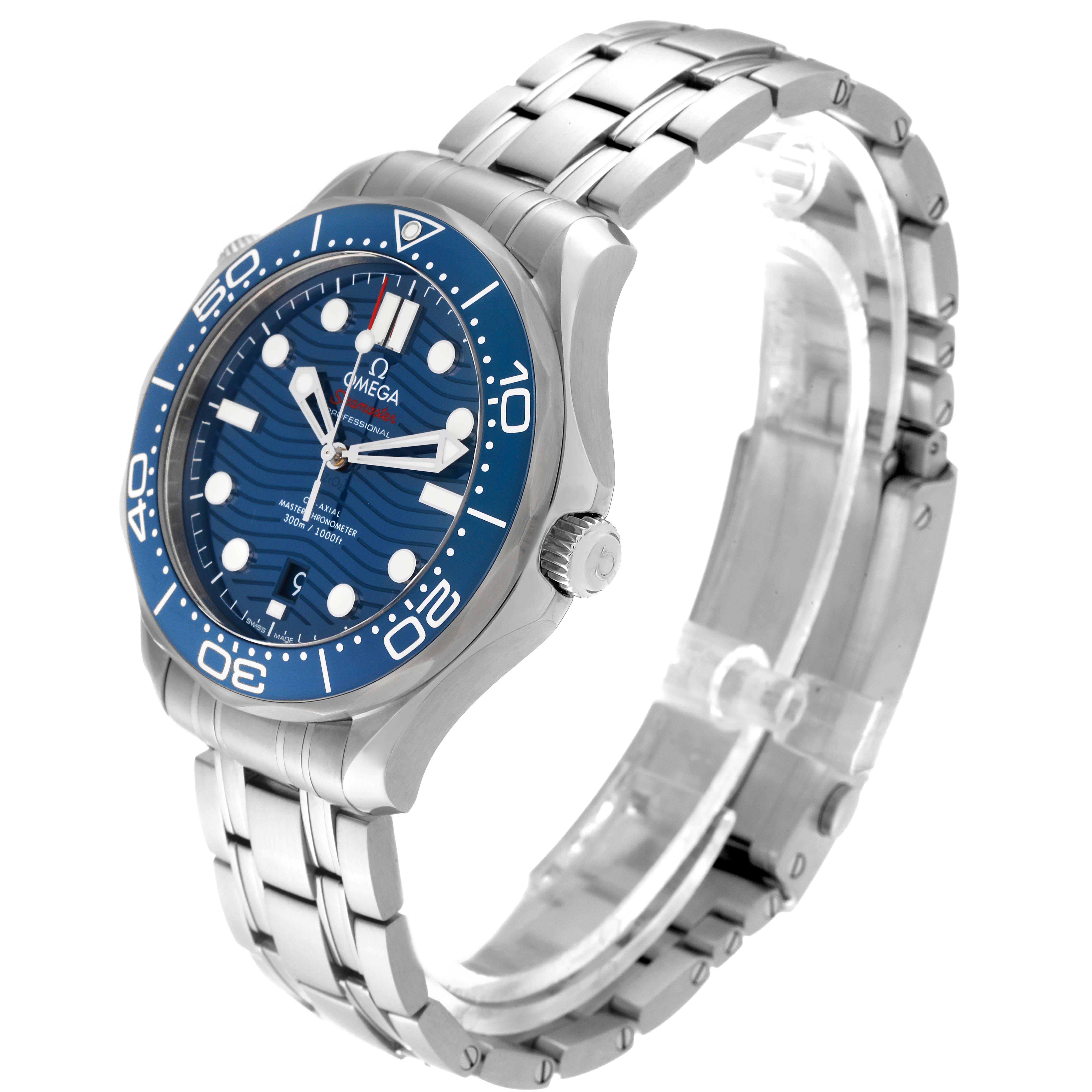 The Omega Seamaster 210.30.42.20.03.001 Men
s Stainless Steel Blue Dial 210.30.42.20.03.001 Men
s Stainless Steel Blue Dial watch is shown at a three-quarter angle displaying its face, bezel, crown, and metal bracelet.