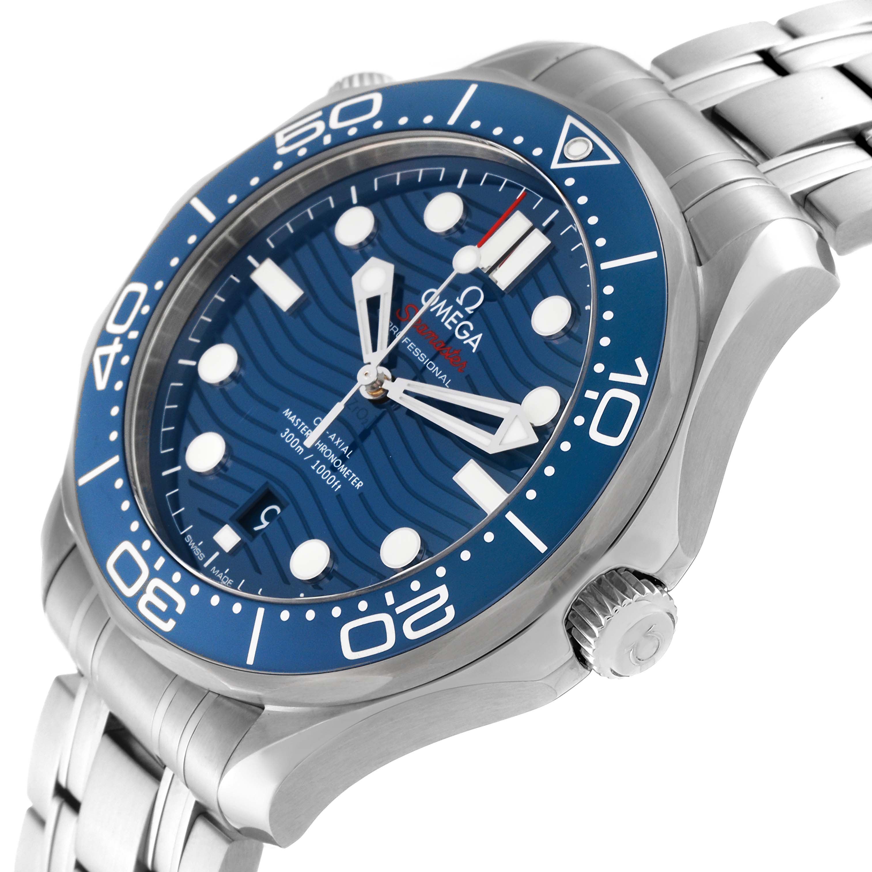 The image shows an Omega Seamaster 210.30.42.20.03.001 Men
s Stainless Steel Blue Dial 210.30.42.20.03.001 Men
s Stainless Steel Blue Dial watch at an angled view, highlighting its blue dial, bezel, and stainless steel bracelet.