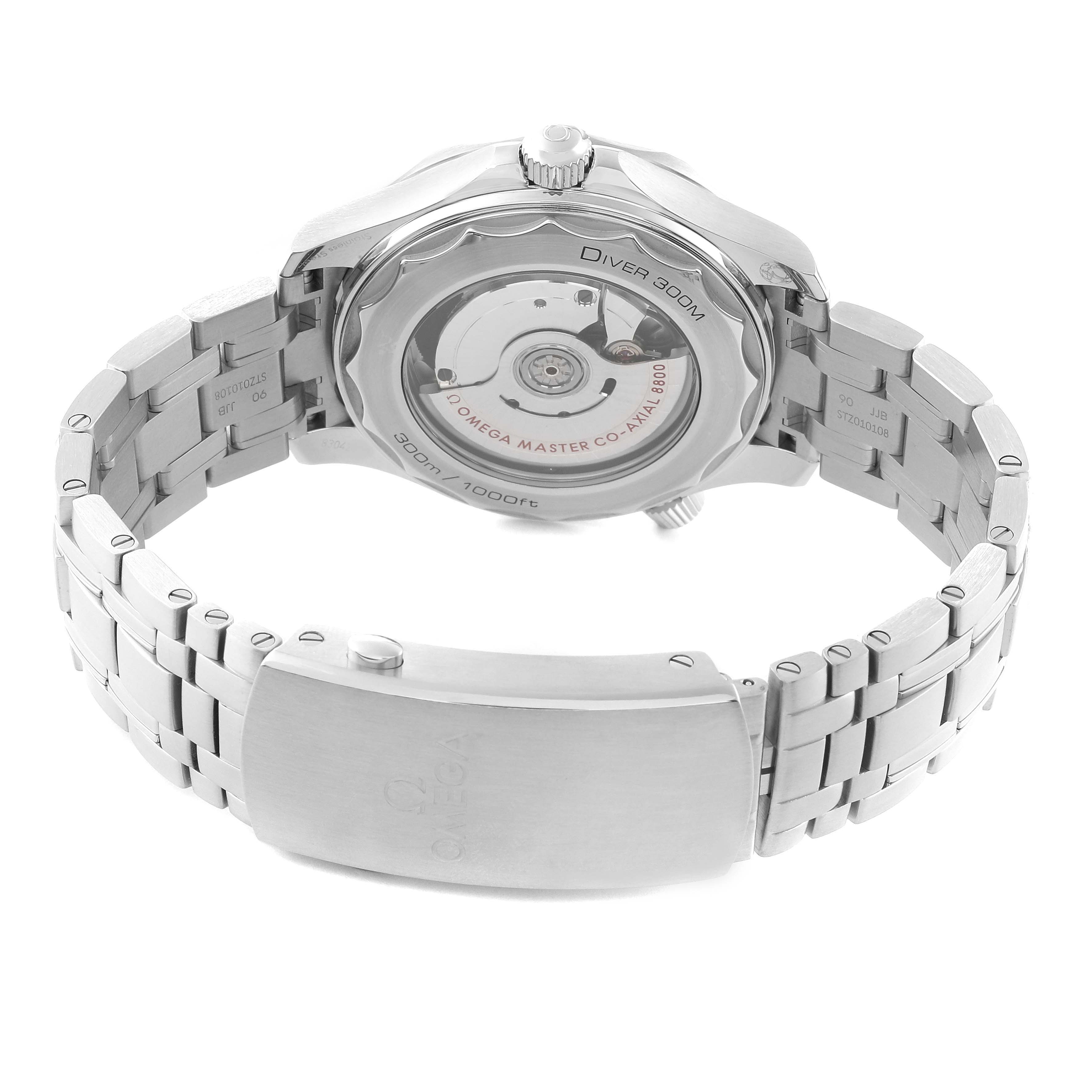 This image shows the back and bracelet of the Omega Seamaster 210.30.42.20.03.001 Men
s Stainless Steel Blue Dial 210.30.42.20.03.001 Men
s Stainless Steel Blue Dial watch, highlighting the transparent case back and clasp.