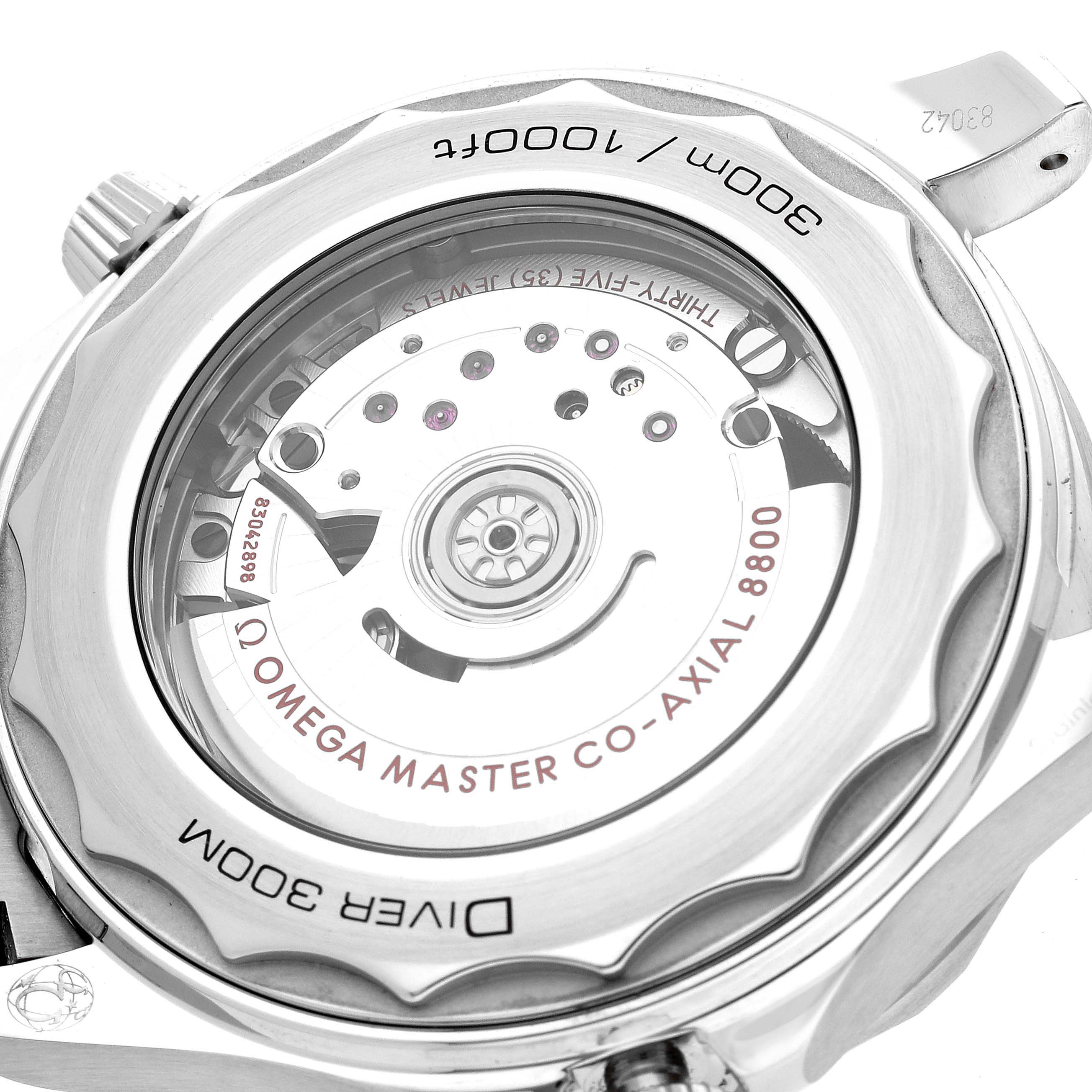 This image shows the back view of the Omega Seamaster 210.30.42.20.03.001 Men
s Stainless Steel Blue Dial 210.30.42.20.03.001 Men
s Stainless Steel Blue Dial watch, revealing its transparent case back and intricate movement details.