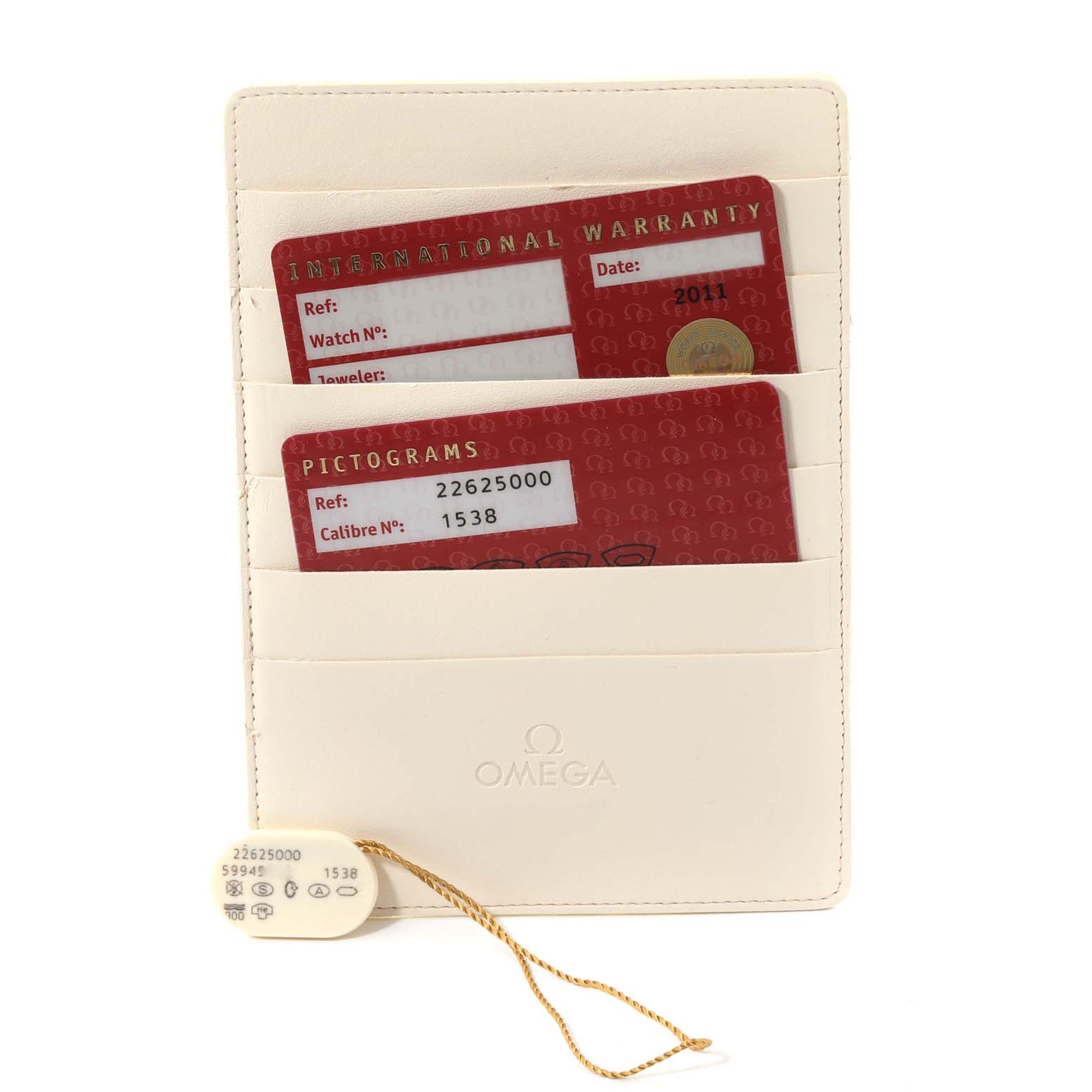 This image shows the warranty cards and tag for the Omega Seamaster 2262.50.00 Men
s Stainless Steel Black Dial 2262.50.00 Men
s Stainless Steel Black Dial model.