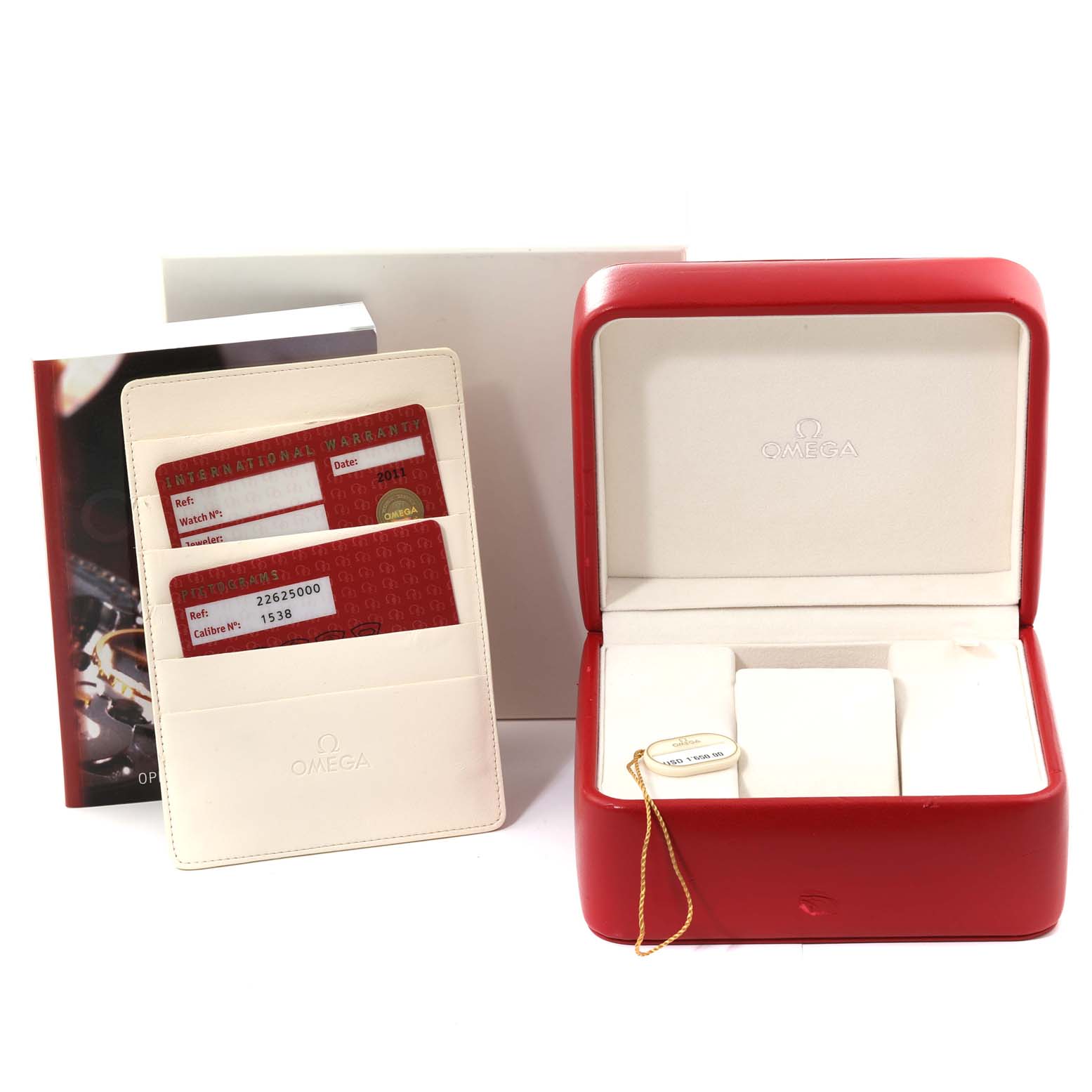 The image shows the packaging and documentation for an Omega Seamaster 2262.50.00 Men
s Stainless Steel Black Dial 2262.50.00 Men
s Stainless Steel Black Dial watch, including its red box, warranty cards, and case.