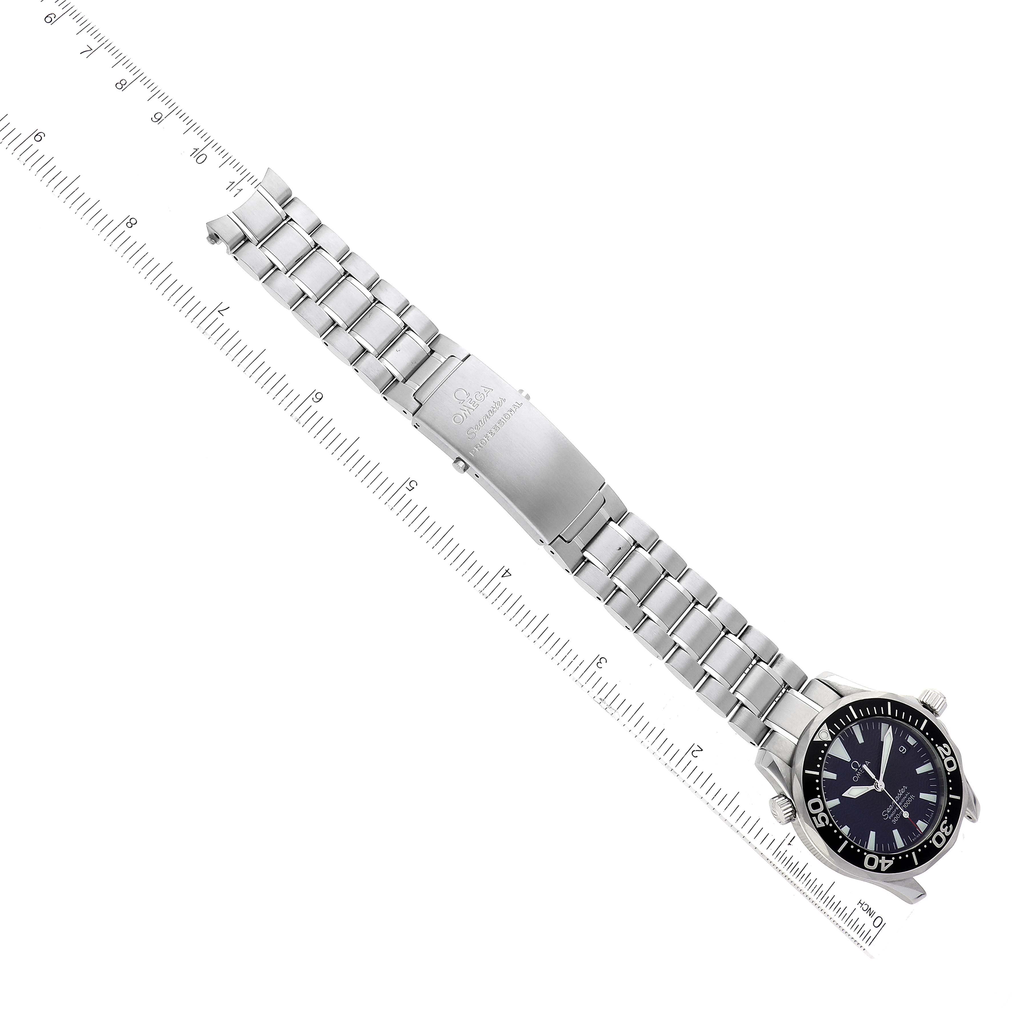 The Omega Seamaster 2262.50.00 Men
s Stainless Steel Black Dial 2262.50.00 Men
s Stainless Steel Black Dial watch is shown at a top-down angle, featuring its metal bracelet, clasp, and watch face.