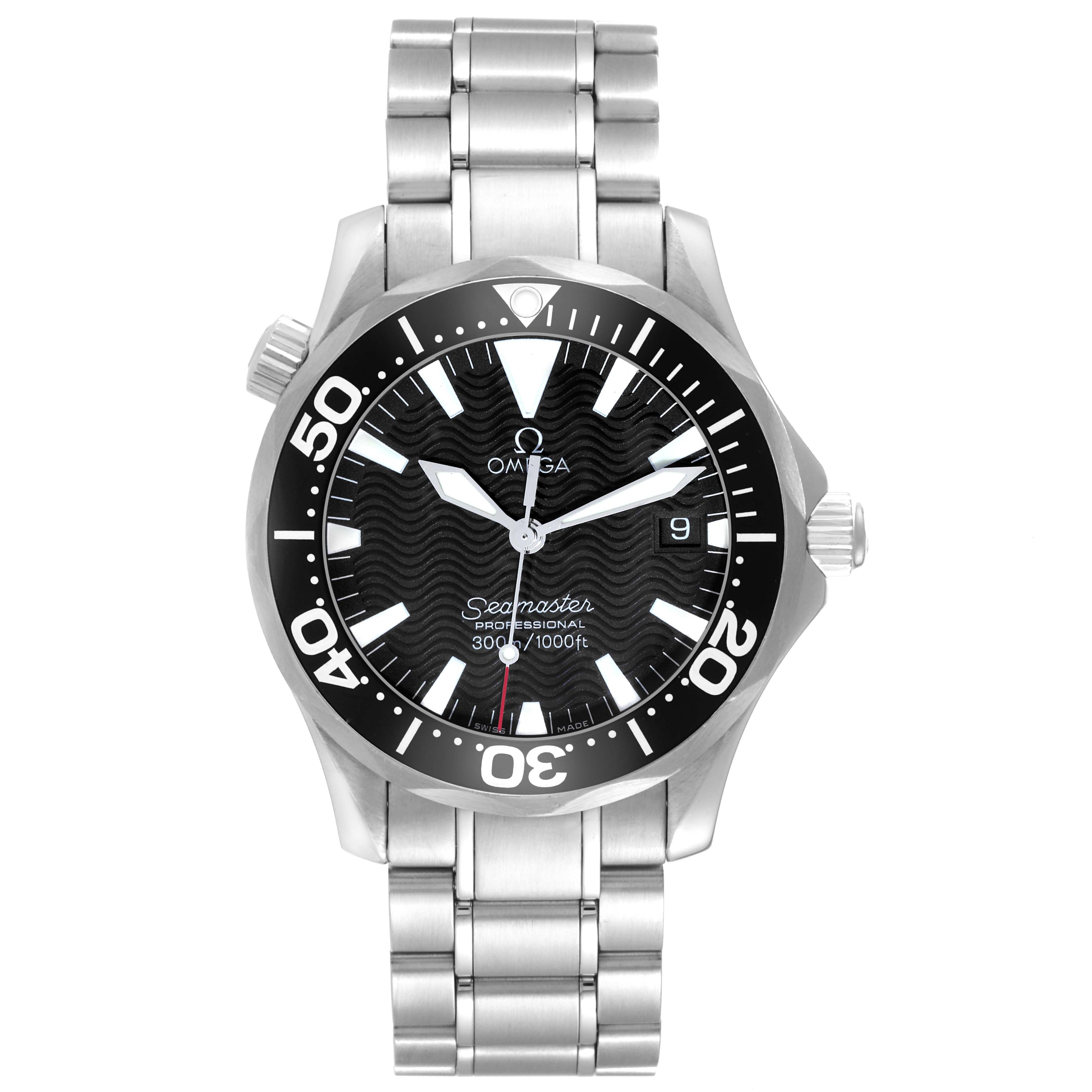The Omega Seamaster 2262.50.00 Men
s Stainless Steel Black Dial 2262.50.00 Men
s Stainless Steel Black Dial watch is shown from a front view, displaying the dial, bezel, and bracelet.