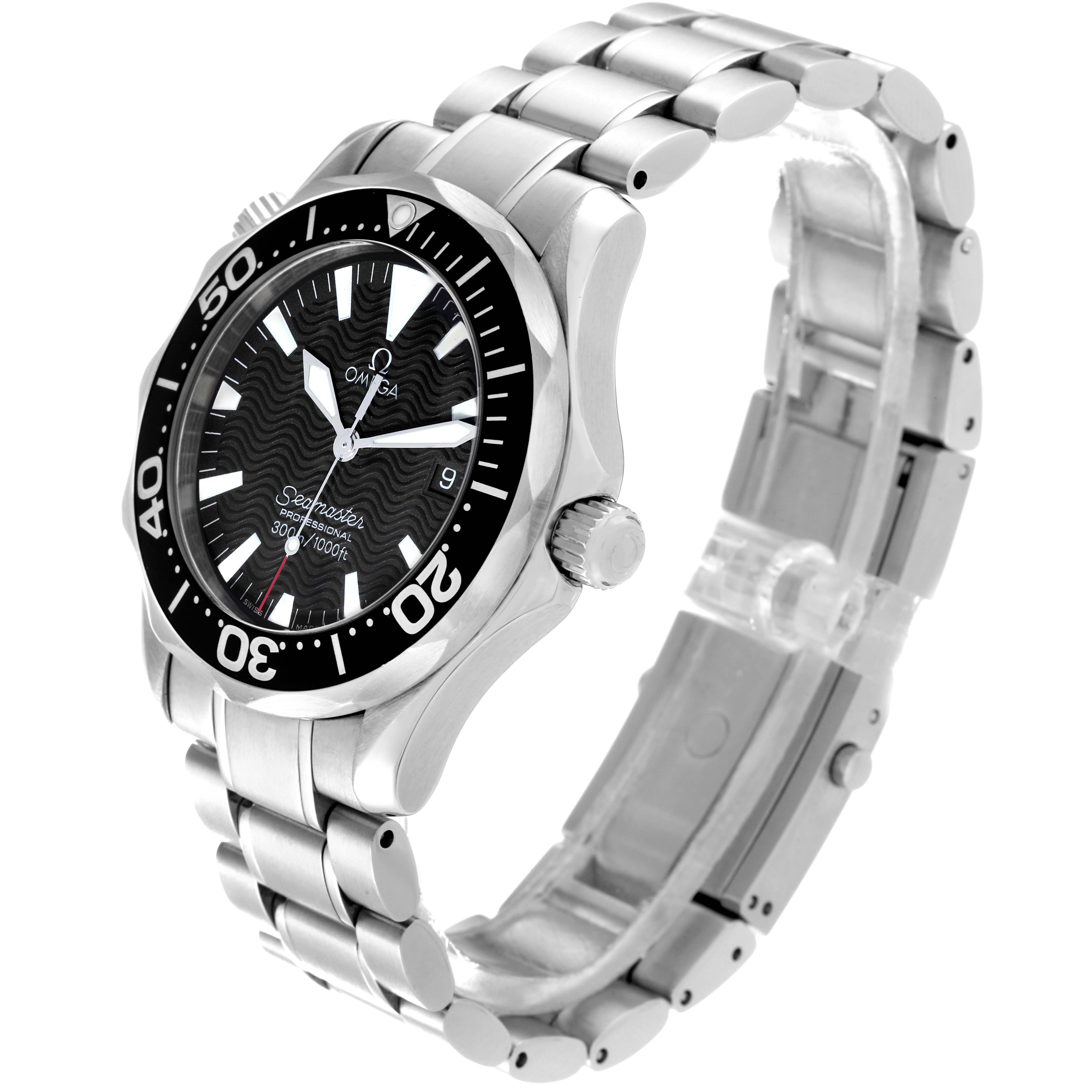 The image shows a side and front angle of an Omega Seamaster 2262.50.00 Men
s Stainless Steel Black Dial 2262.50.00 Men
s Stainless Steel Black Dial watch, highlighting its bezel, dial, crown, and bracelet.