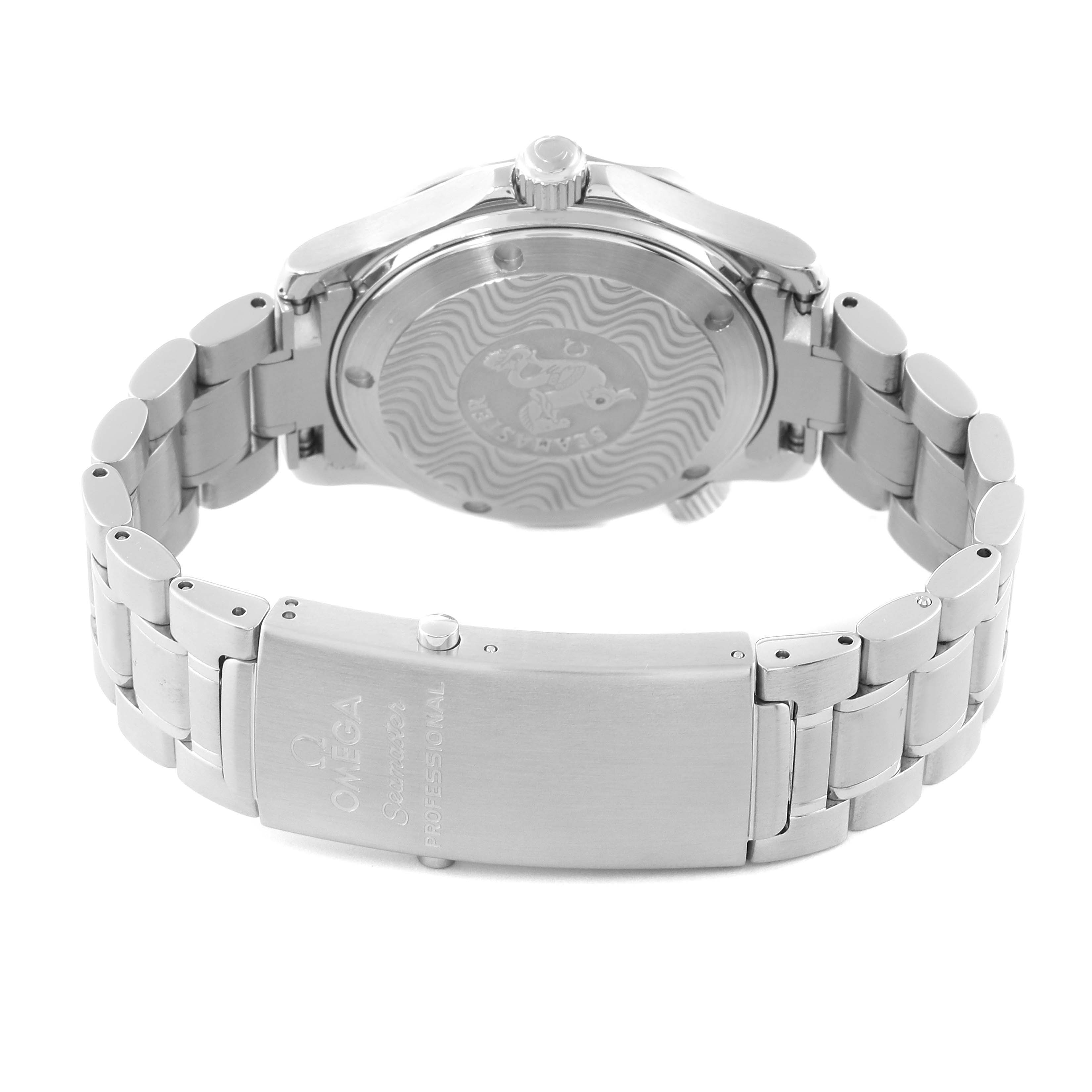 The Omega Seamaster 2262.50.00 Men
s Stainless Steel Black Dial 2262.50.00 Men
s Stainless Steel Black Dial watch
s back is shown, highlighting its stainless steel case, engraved case back, and bracelet.