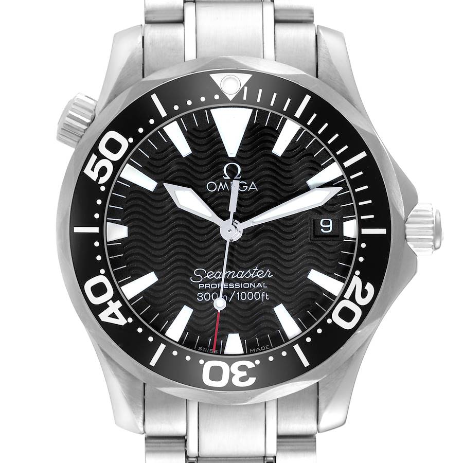 The image shows the front view of the Omega Seamaster watch, displaying its dial, bezel, and part of the bracelet.