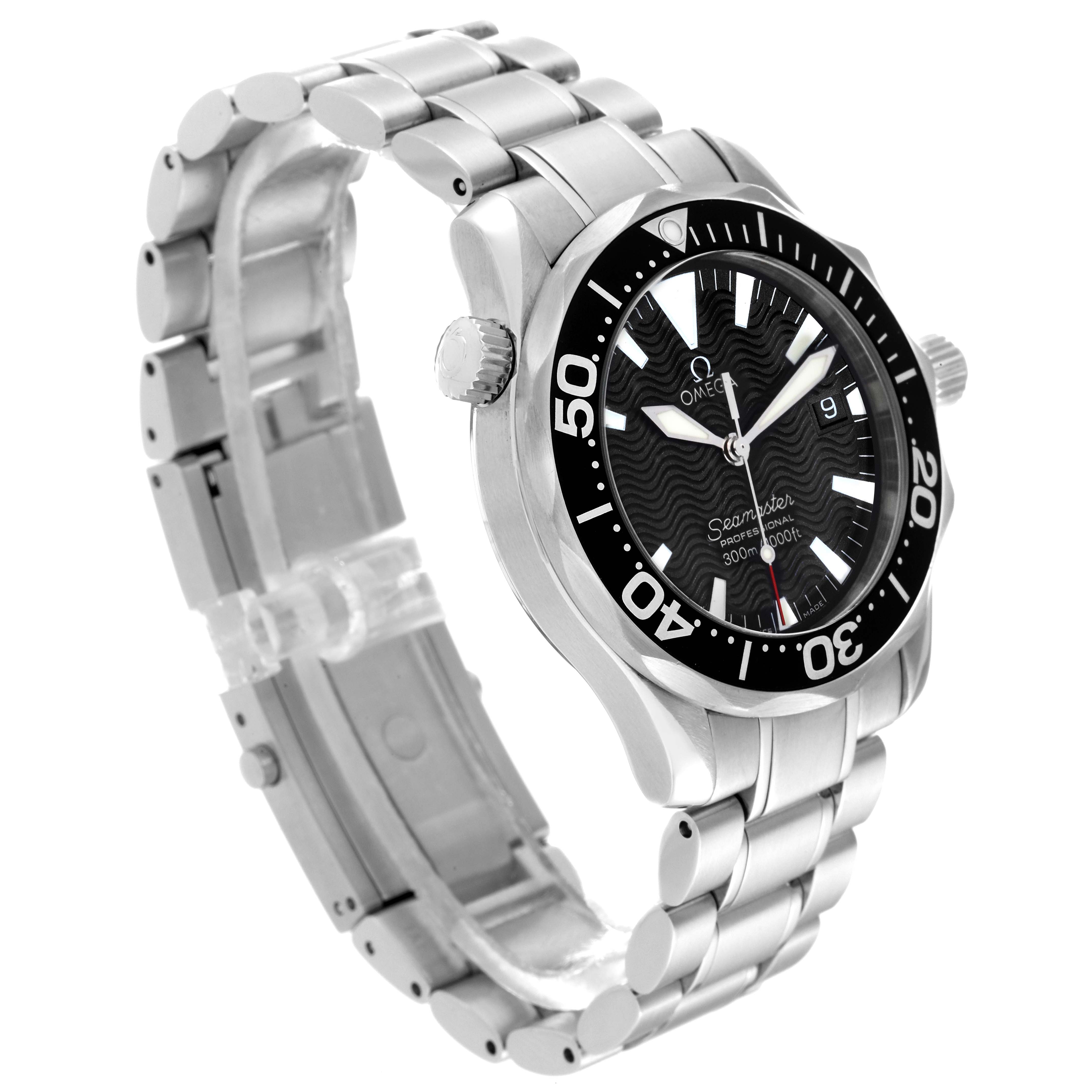 The Omega Seamaster 2262.50.00 Men
s Stainless Steel Black Dial 2262.50.00 Men
s Stainless Steel Black Dial watch is shown from a front angle, highlighting the bezel, crown, dial, bracelet, and clasps.