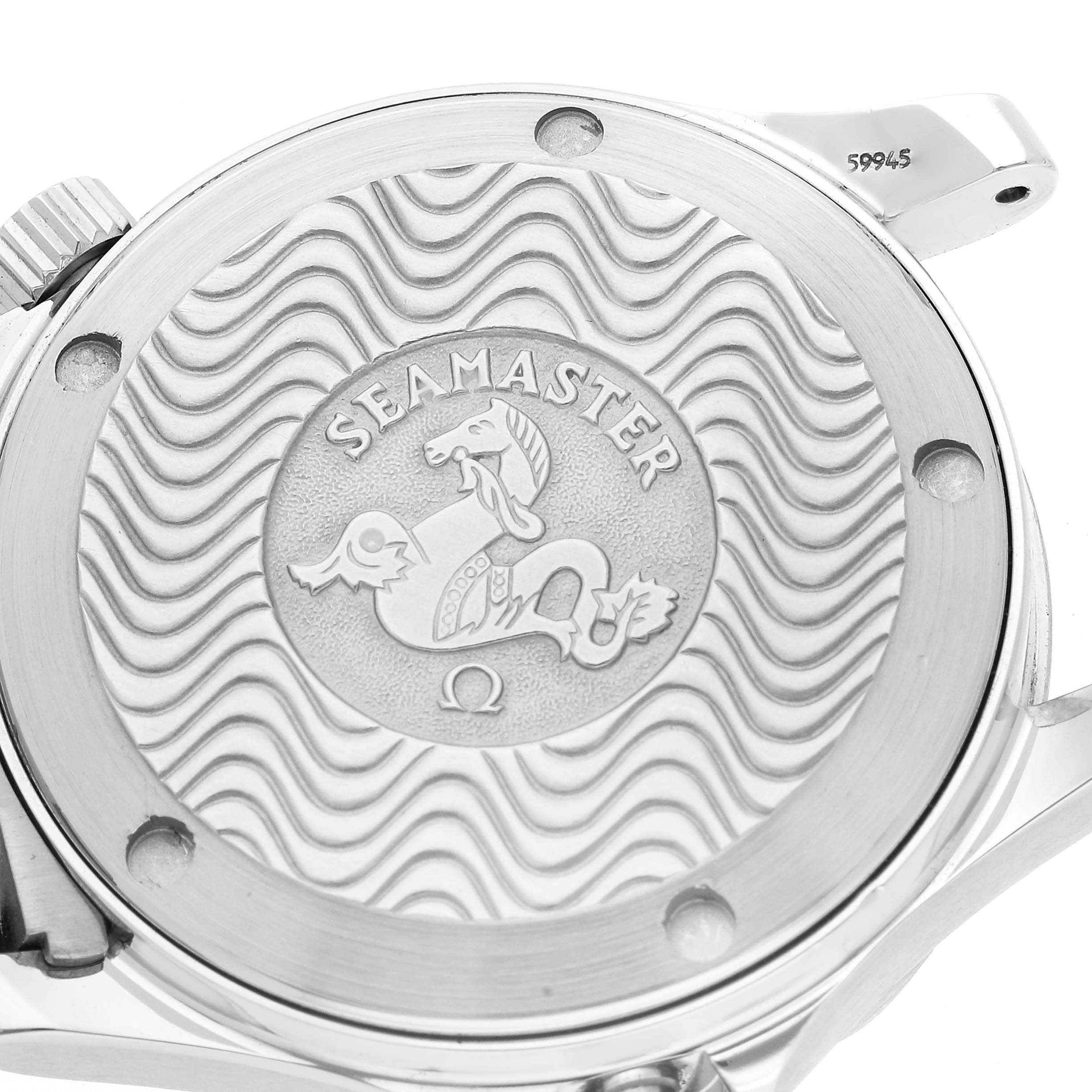 The image shows the engraved case back of an Omega Seamaster 2262.50.00 Men
s Stainless Steel Black Dial 2262.50.00 Men
s Stainless Steel Black Dial watch, viewed from a top angle.