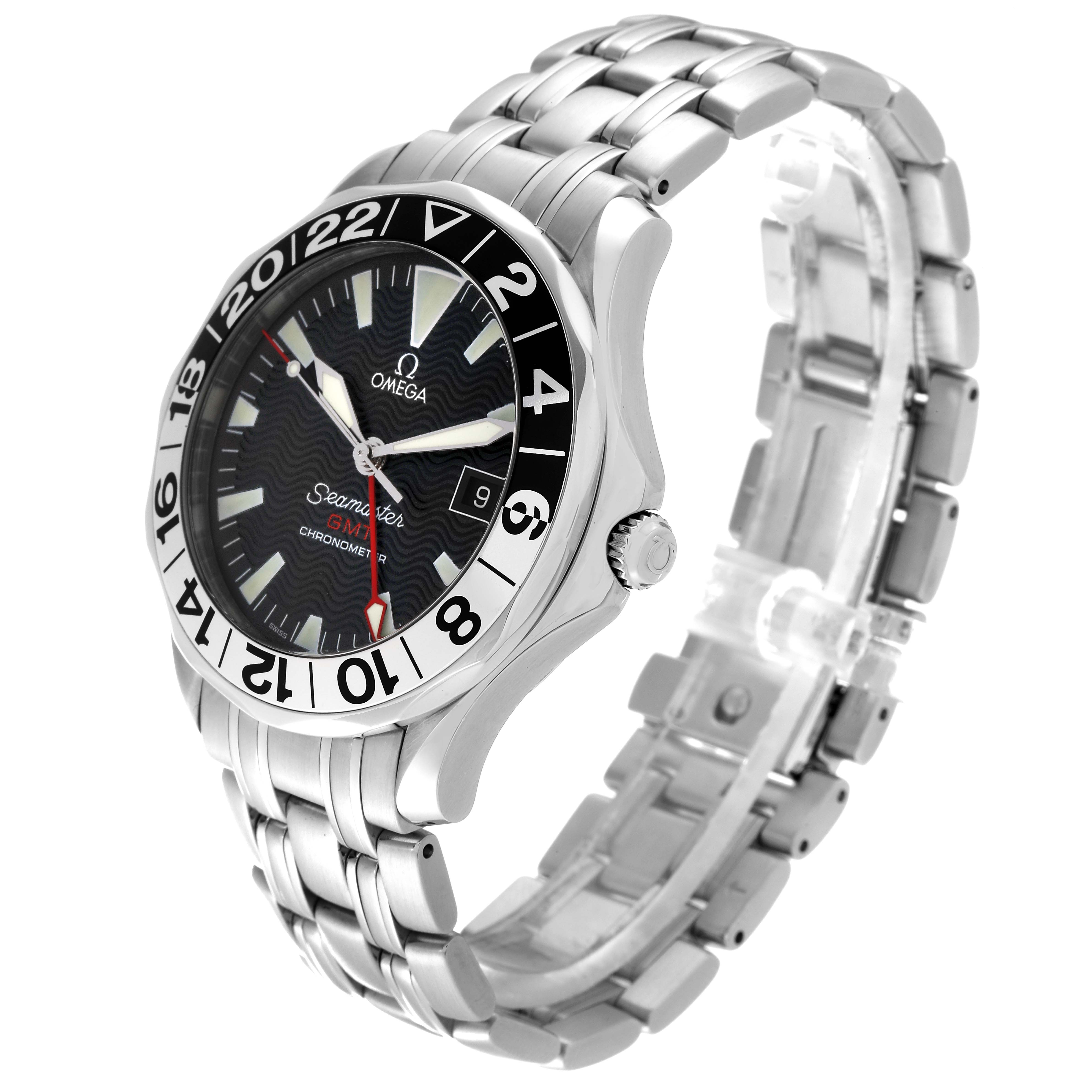 The Omega Seamaster 2534.50.00 Men
s Stainless Steel Black Dial 2534.50.00 Men
s Stainless Steel Black Dial watch is shown from a three-quarter angle, displaying the face, bezel, crown, and bracelet.