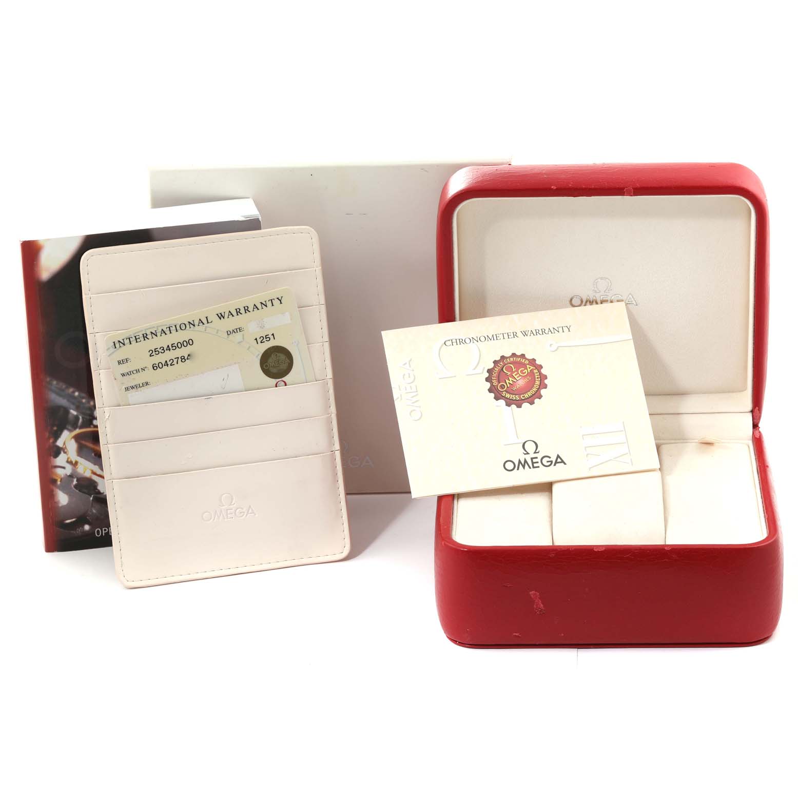 The image shows the packaging, warranty cards, and box of an Omega Seamaster 2534.50.00 Men
s Stainless Steel Black Dial 2534.50.00 Men
s Stainless Steel Black Dial watch from a front angle.