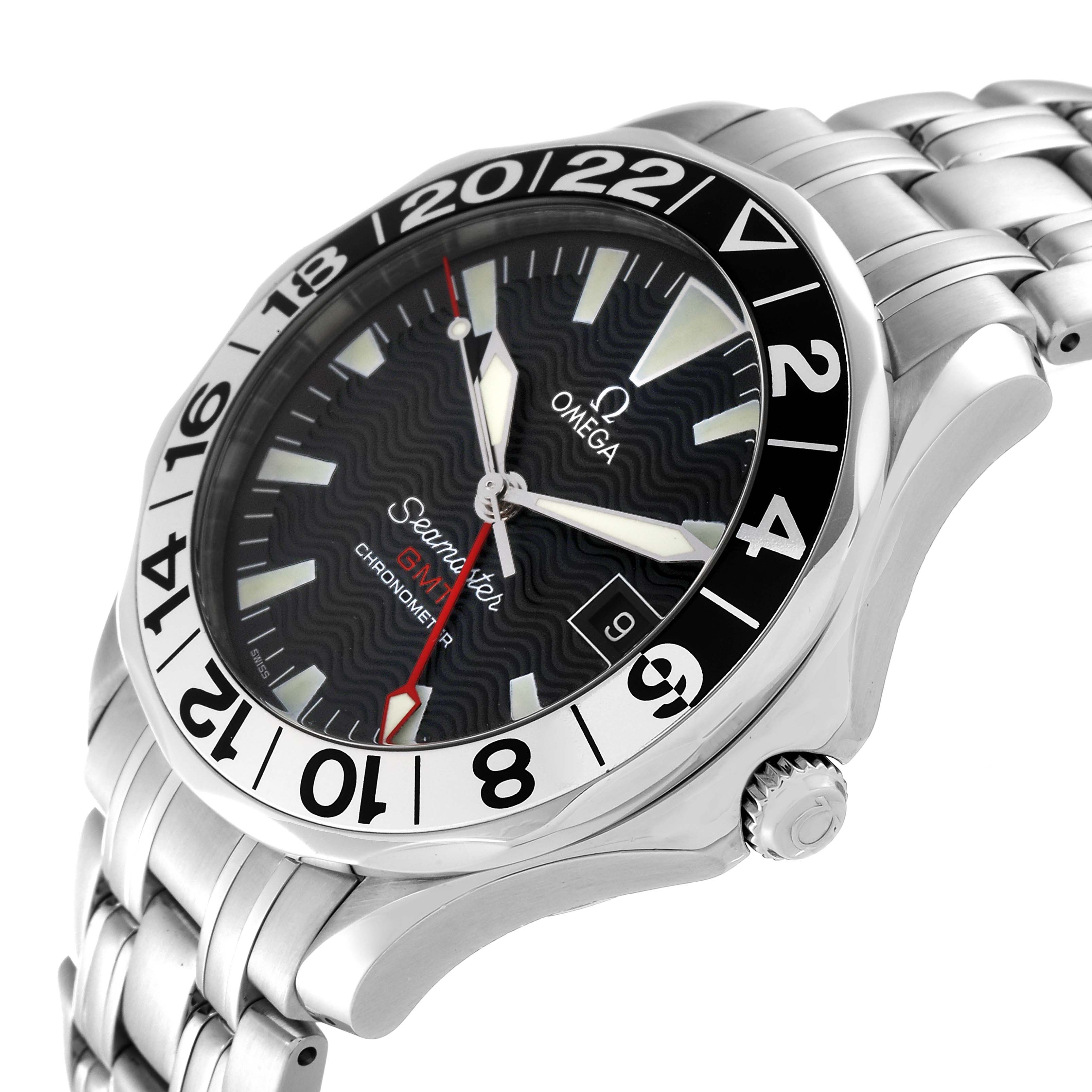 The Omega Seamaster 2534.50.00 Men
s Stainless Steel Black Dial 2534.50.00 Men
s Stainless Steel Black Dial watch is shown at an angled view, highlighting the dial, bezel, crown, and part of the stainless steel bracelet.