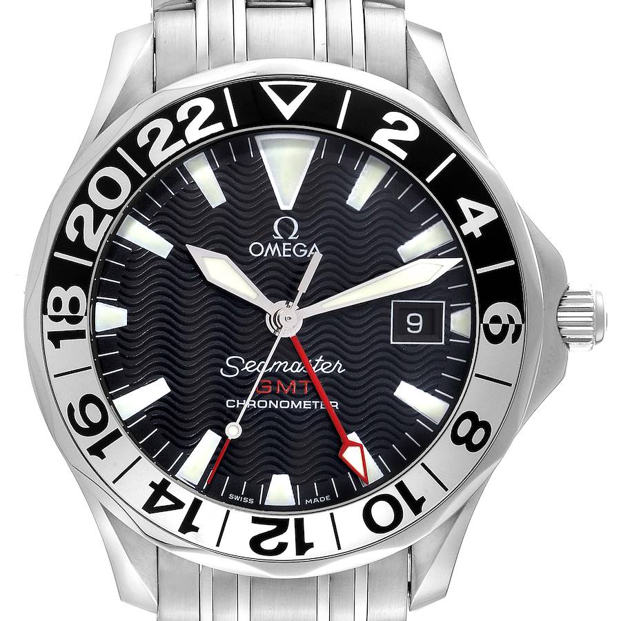 The image shows a front angle of an Omega Seamaster watch, including the bezel, dial, hands, and part of the bracelet.