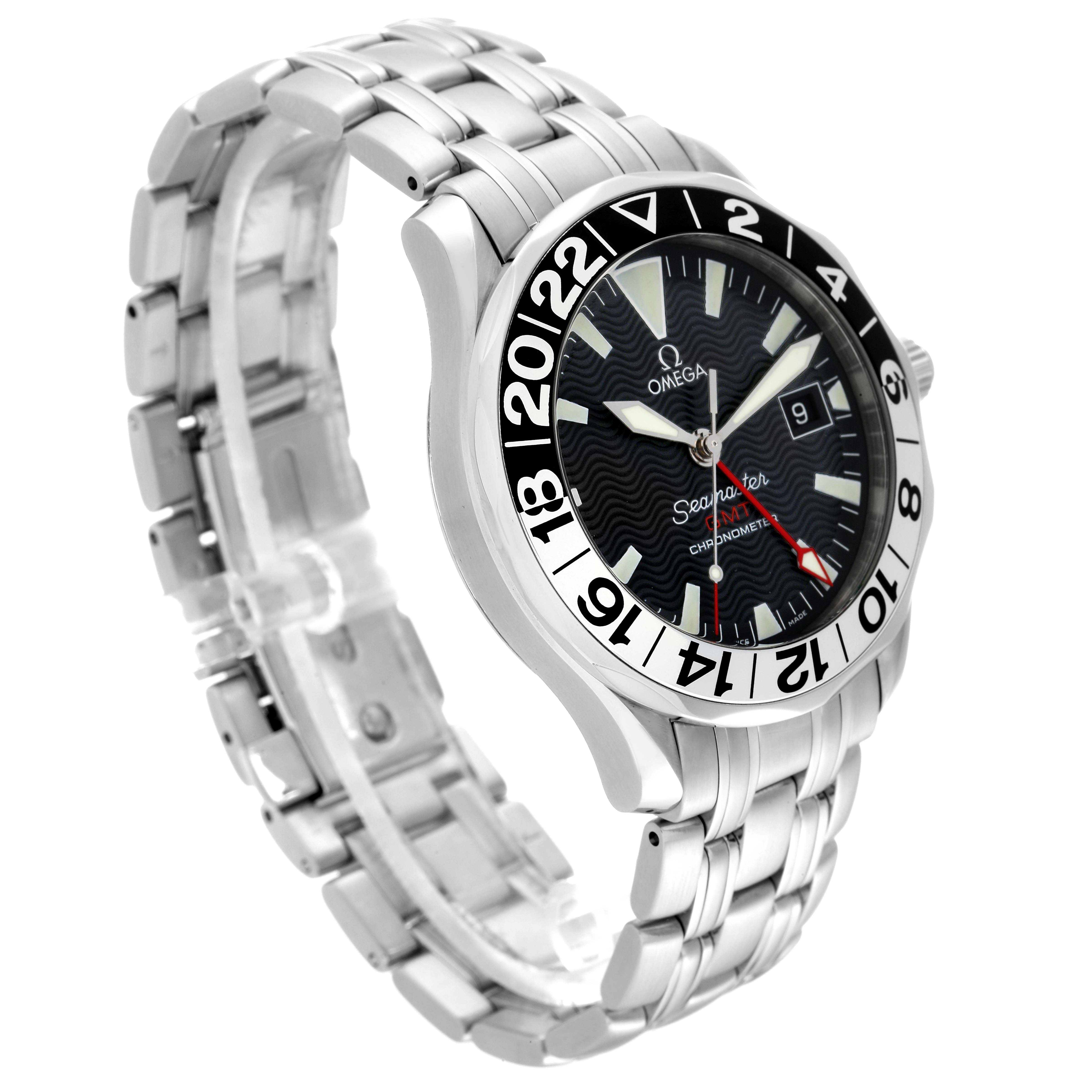 The Omega Seamaster 2534.50.00 Men
s Stainless Steel Black Dial 2534.50.00 Men
s Stainless Steel Black Dial watch is shown at a three-quarter angle, highlighting its bracelet, case, and dial with date display.