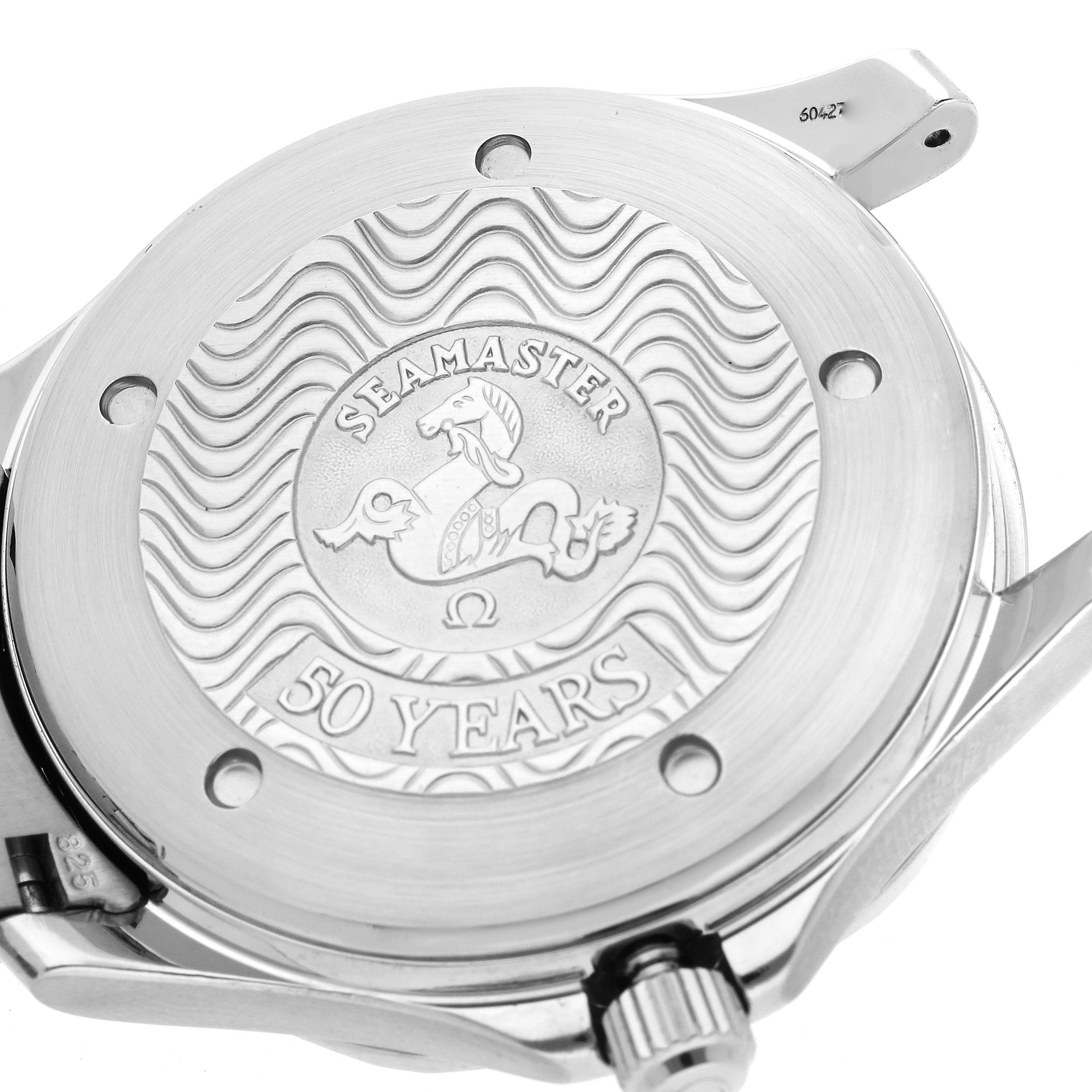 This image shows the back case of an Omega Seamaster 2534.50.00 Men
s Stainless Steel Black Dial 2534.50.00 Men
s Stainless Steel Black Dial model, commemorating 50 years, angled slightly from the side.