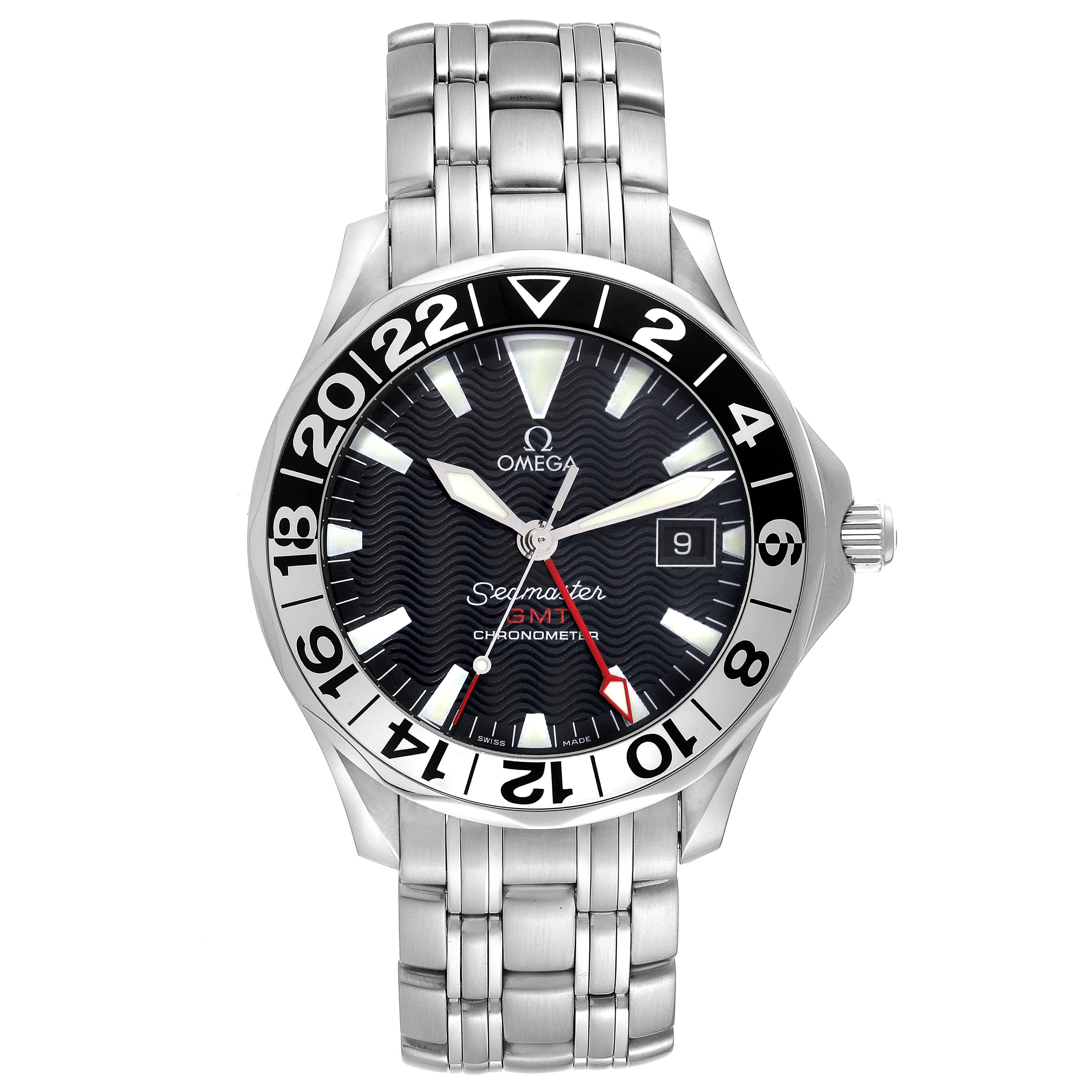 The image shows a front view of an Omega Seamaster 2534.50.00 Men
s Stainless Steel Black Dial 2534.50.00 Men
s Stainless Steel Black Dial watch, highlighting its face, bezel, and metal bracelet.