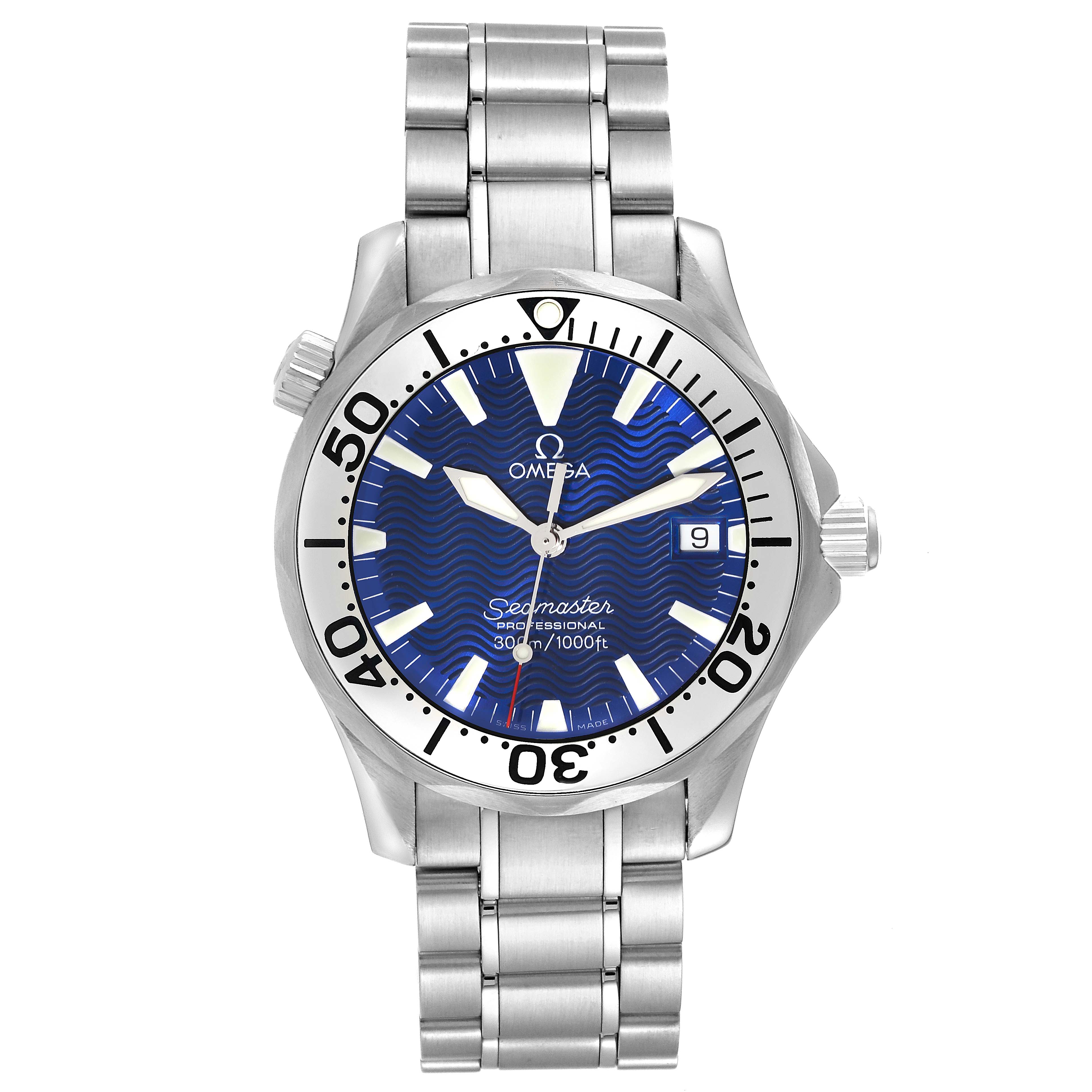 This image shows a front view of the Omega Seamaster 2263.80.00 Men
s Stainless Steel Blue Dial 2263.80.00 Men
s Stainless Steel Blue Dial watch, highlighting its face, bezel, and stainless steel bracelet.
