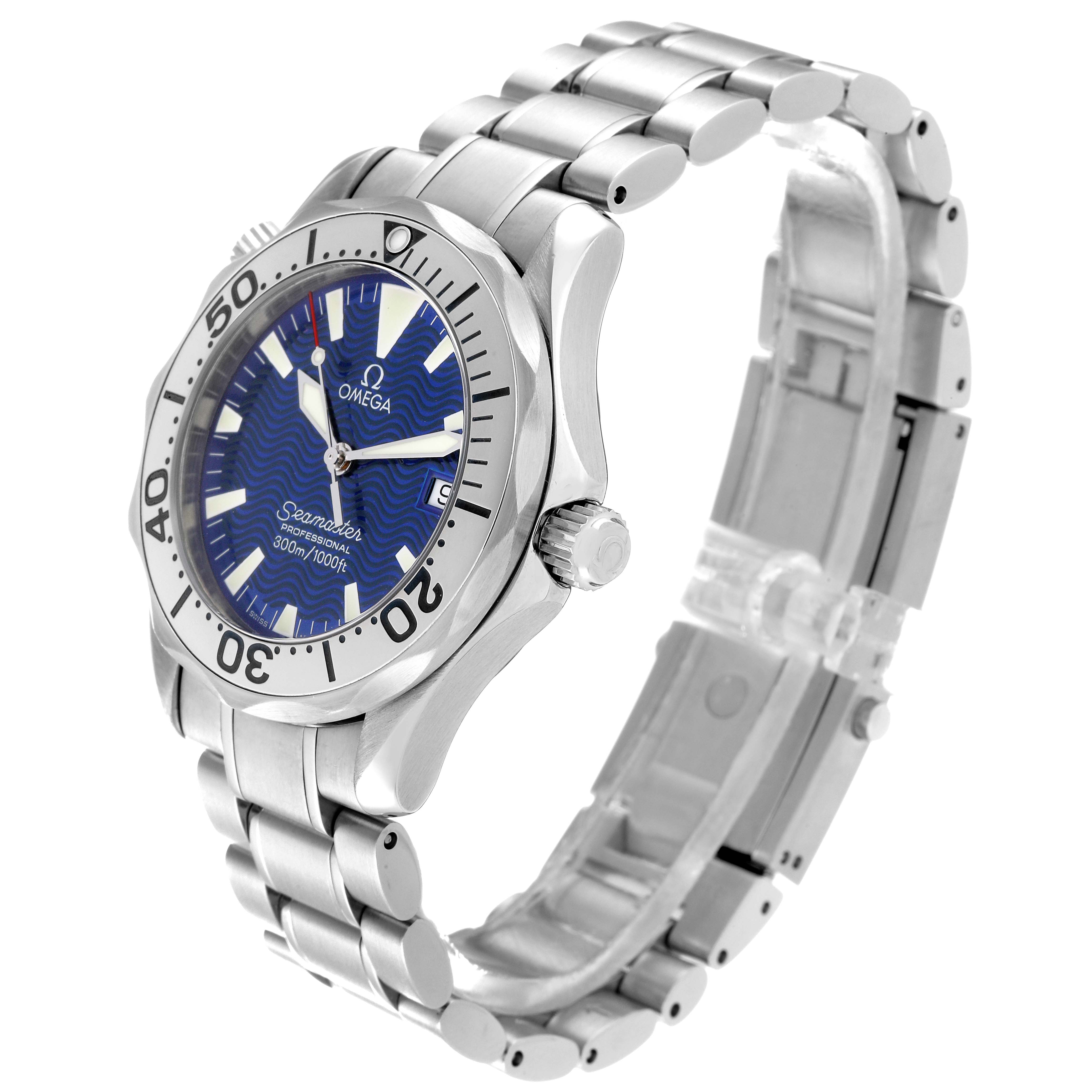 This image shows a side view of the Omega Seamaster 2263.80.00 Men
s Stainless Steel Blue Dial 2263.80.00 Men
s Stainless Steel Blue Dial watch, focusing on the bezel, dial, case, and metal bracelet.