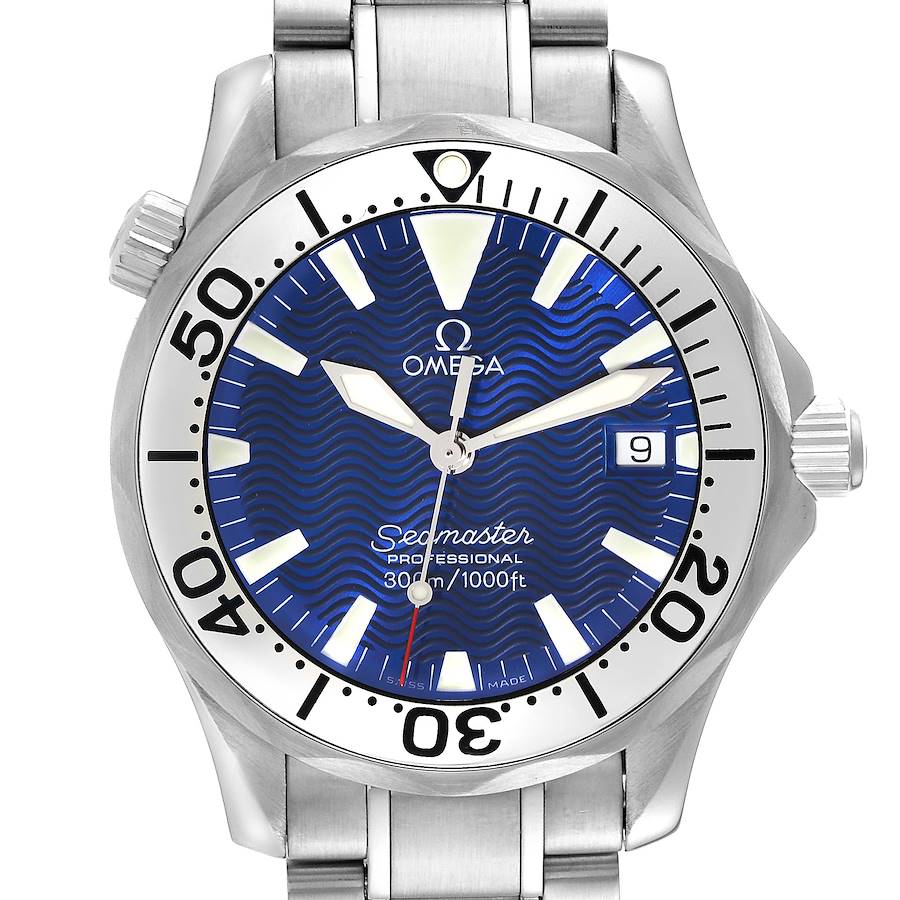 This image shows a front view of the Omega Seamaster watch, highlighting the dial, bezel, and part of the bracelet.